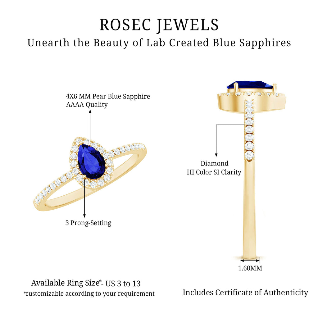 Certified Half Carat Lab Grown Blue Sapphire Teardrop Engagement Ring with Diamond Halo