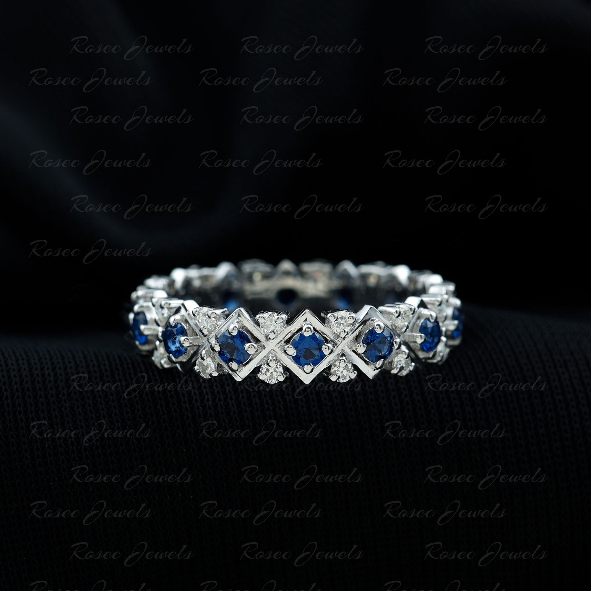 Created Blue Sapphire and Diamond Full Eternity Band Ring