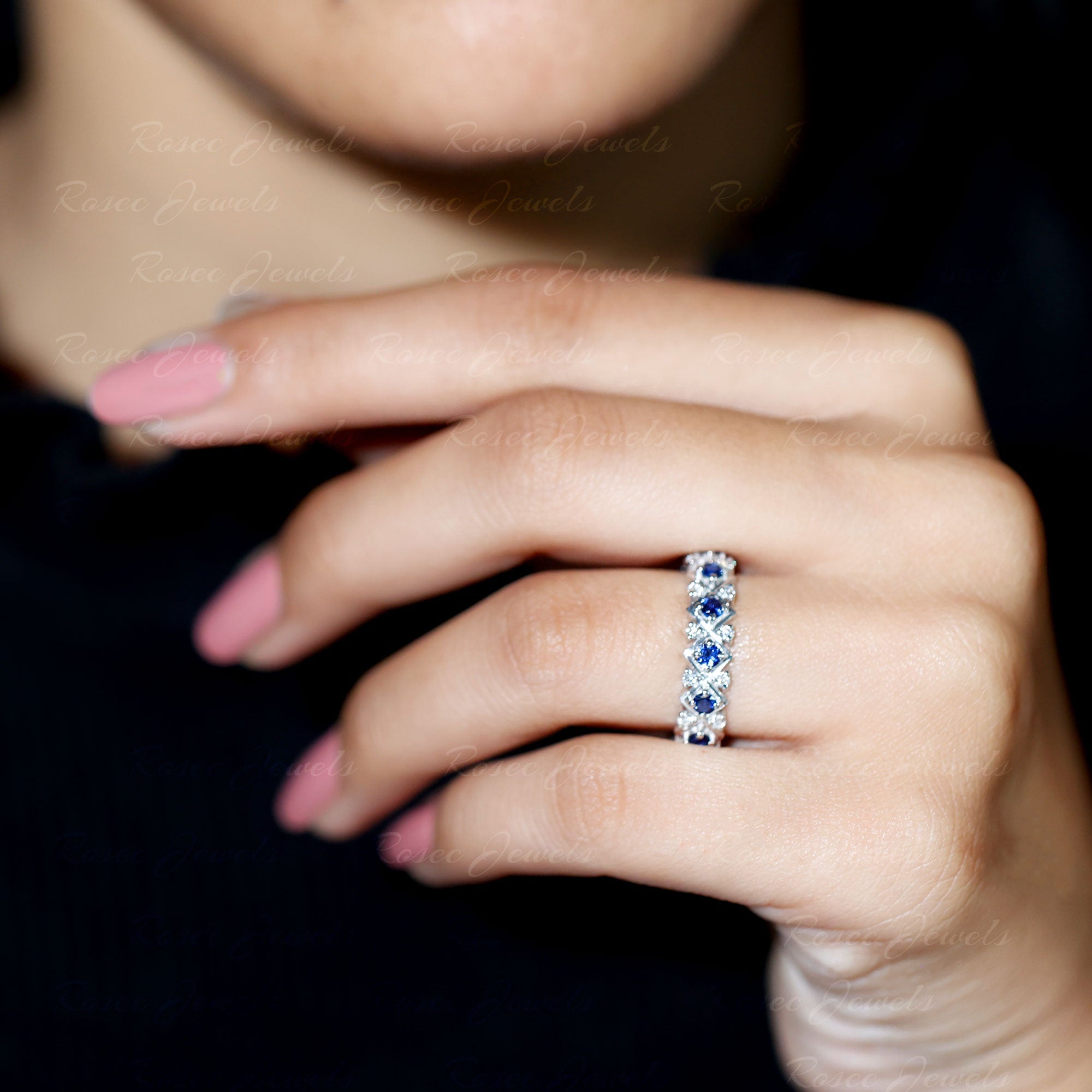 Created Blue Sapphire and Diamond Full Eternity Band Ring