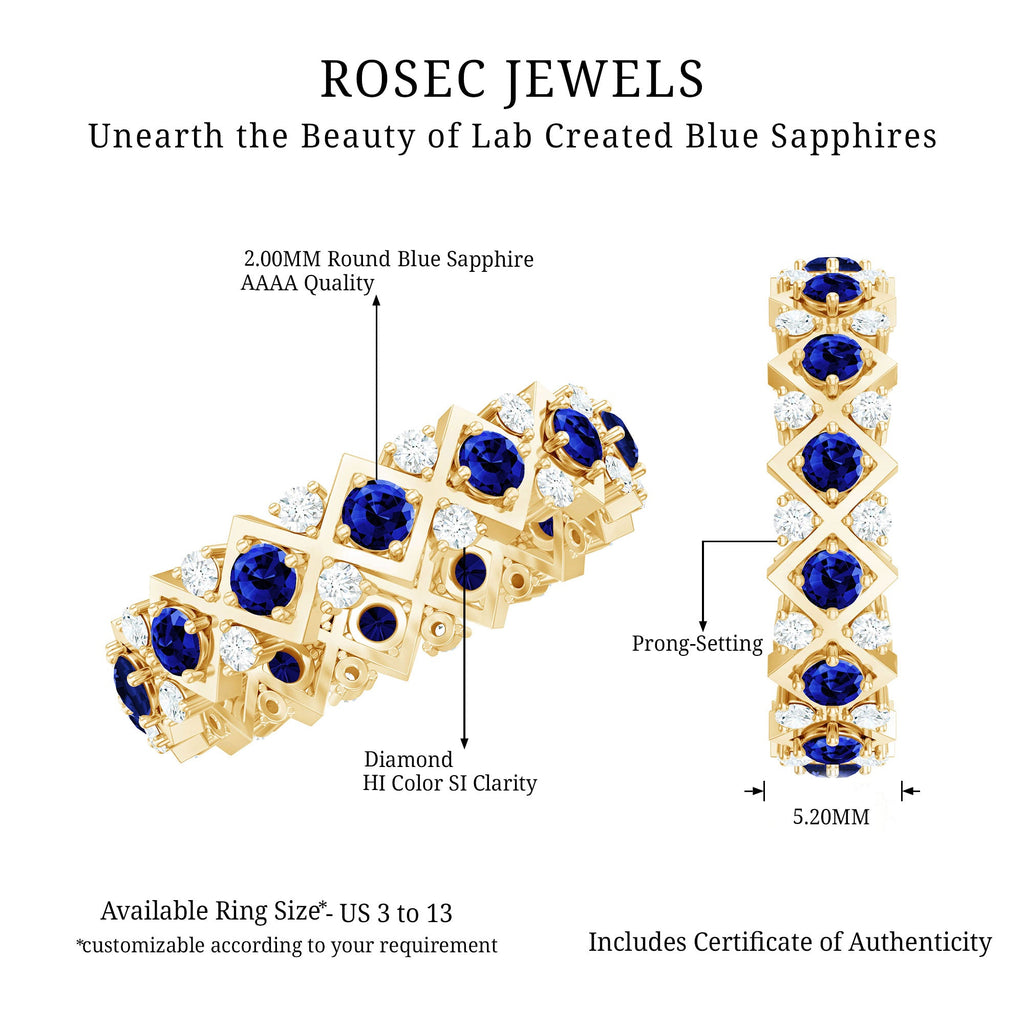 Created Blue Sapphire and Diamond Full Eternity Band Ring