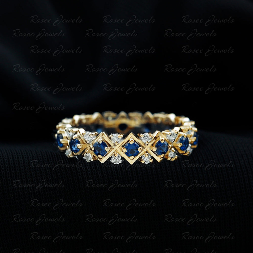Created Blue Sapphire and Diamond Full Eternity Band Ring