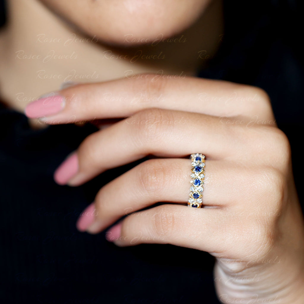 Created Blue Sapphire and Diamond Full Eternity Band Ring