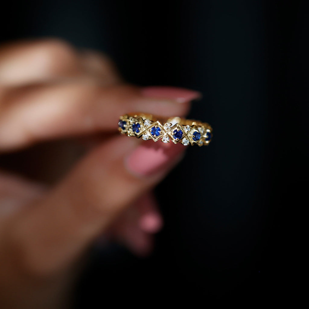 Created Blue Sapphire and Diamond Full Eternity Band Ring