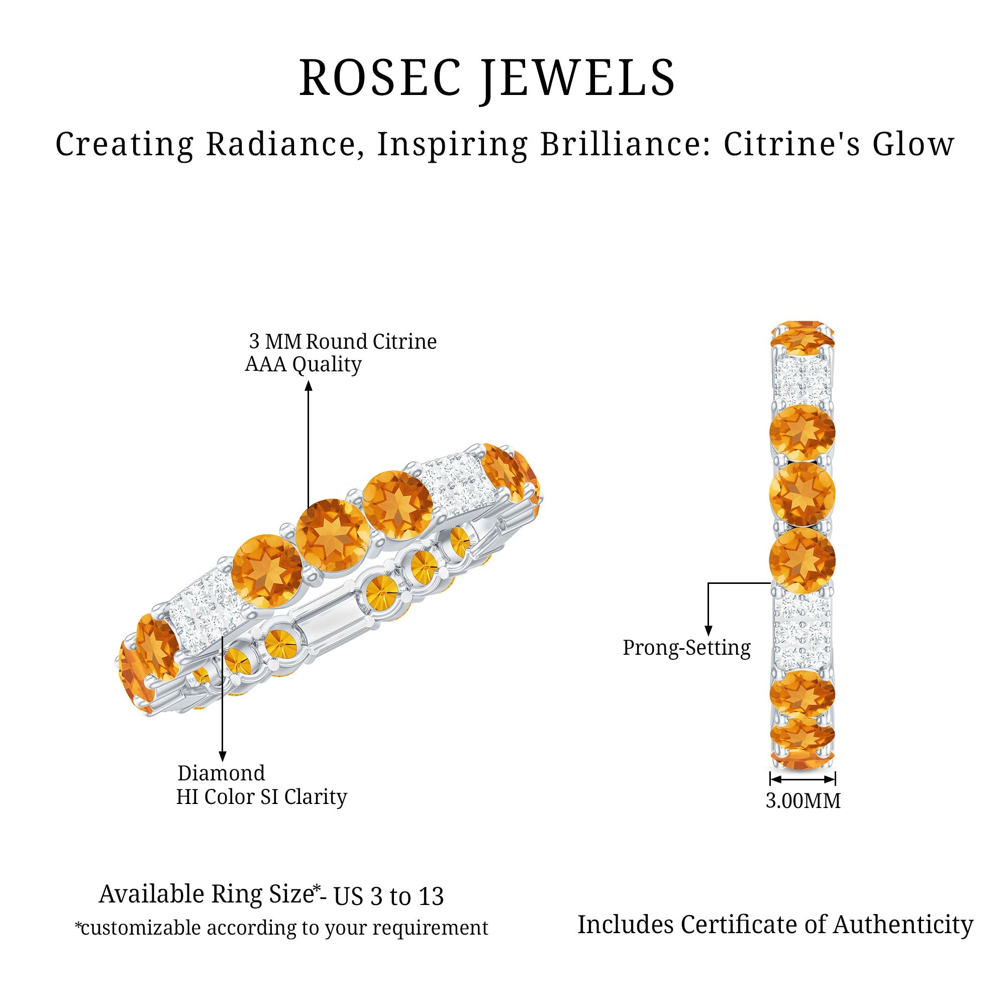 Natural Citrine Diamond Eternity Wedding Band