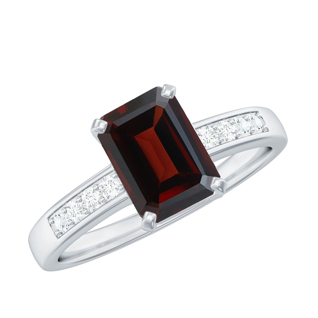 Certified Natural 6X8mm Garnet Emerald Cut Engagement Ring with Diamond