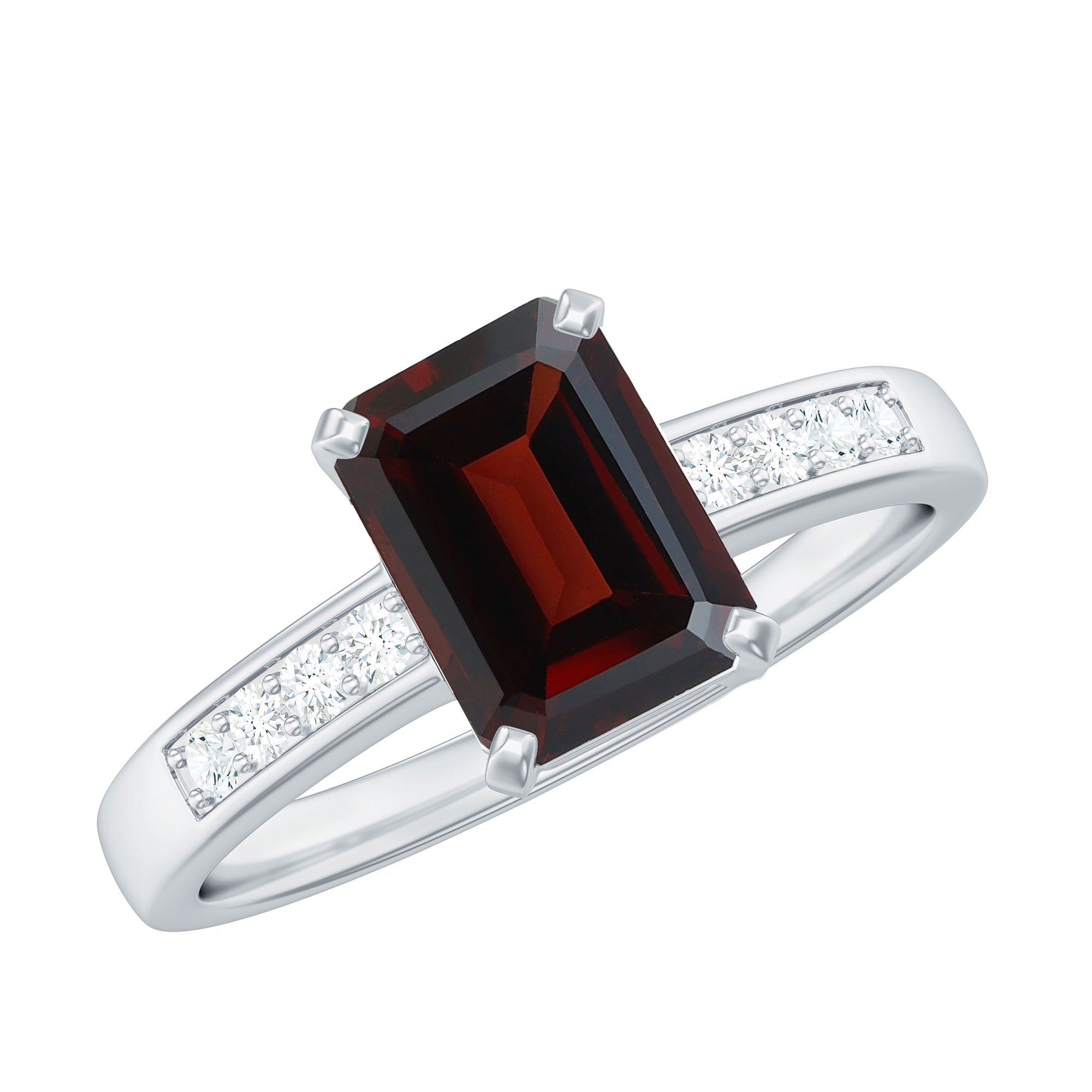 Certified Natural 6X8mm Garnet Emerald Cut Engagement Ring with Diamond