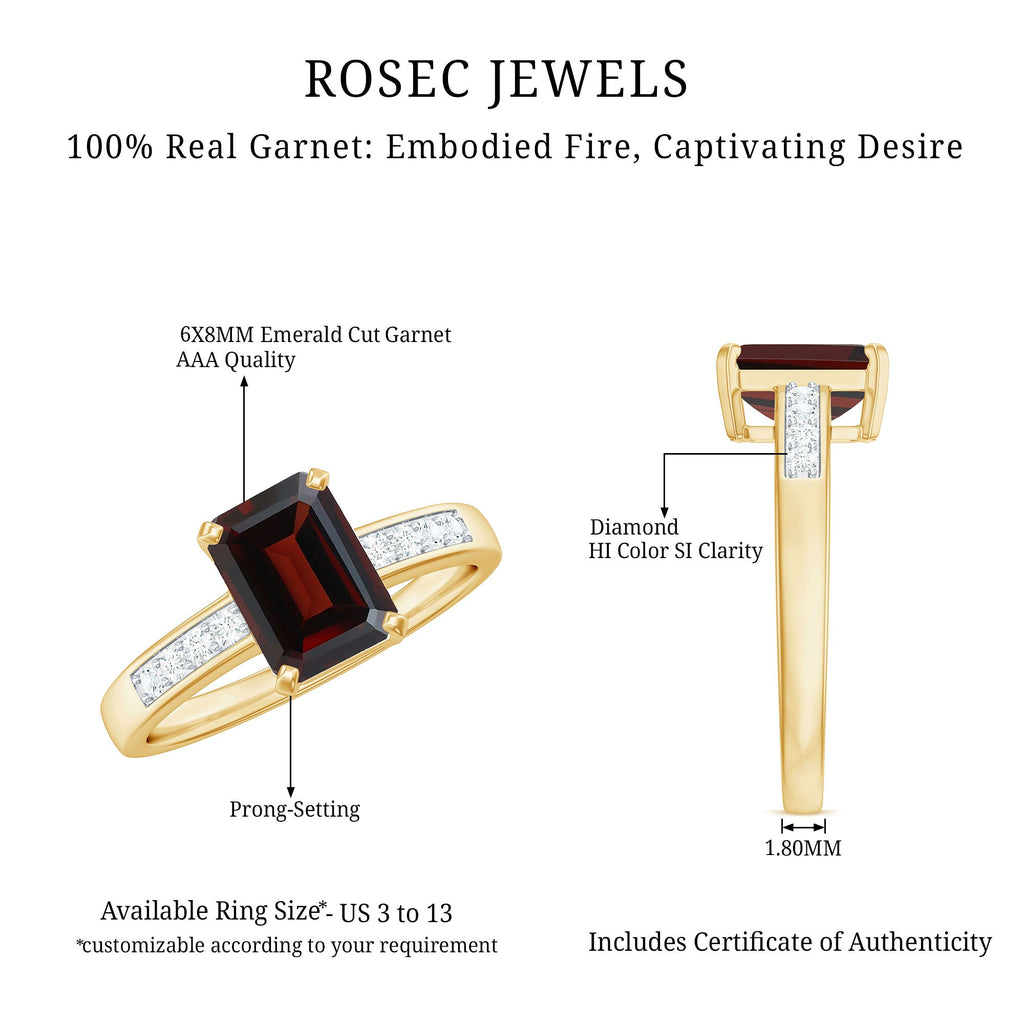 Certified Natural 6X8mm Garnet Emerald Cut Engagement Ring with Diamond