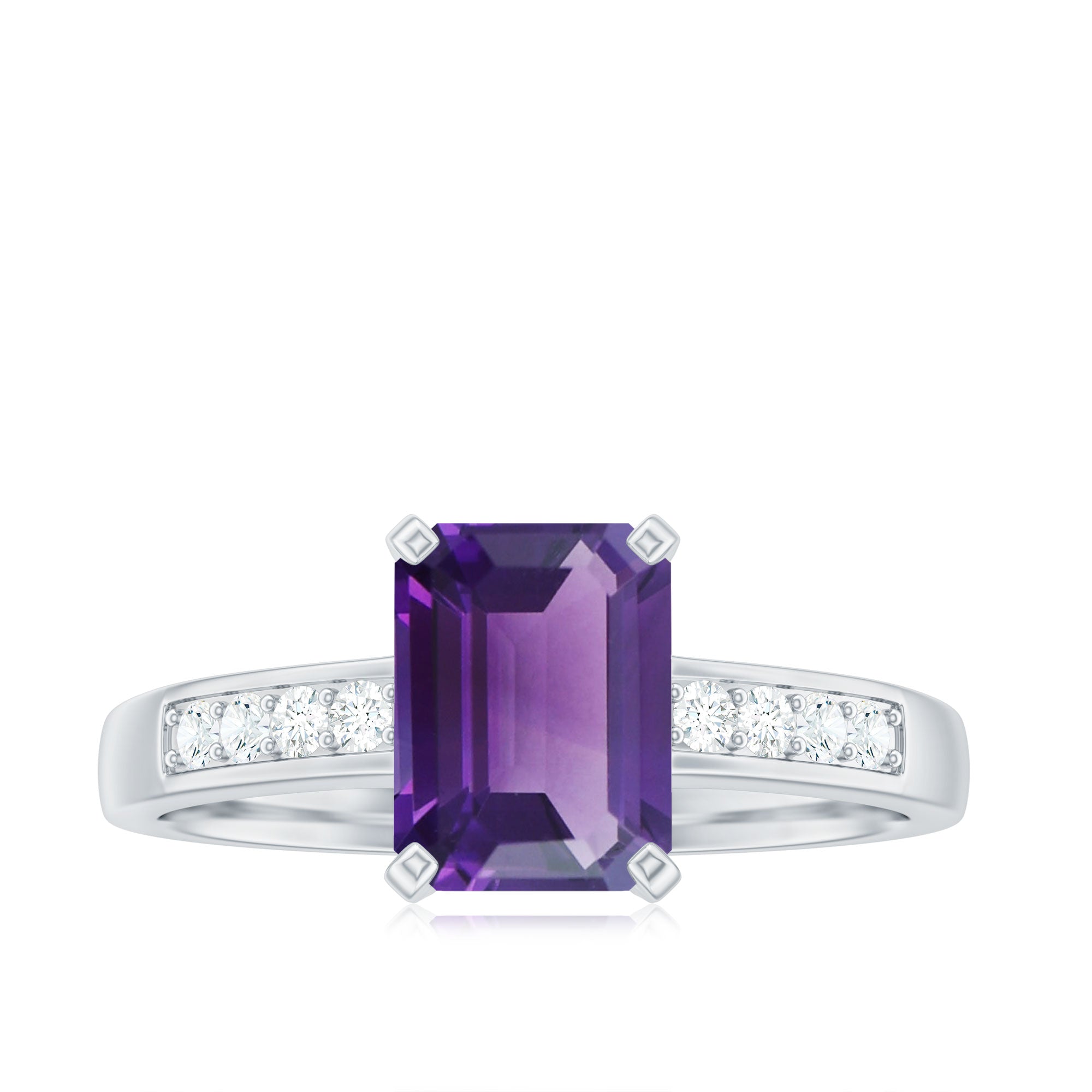 Octagon Cut Amethyst Solitaire Engagement Ring with Diamond Side Stones