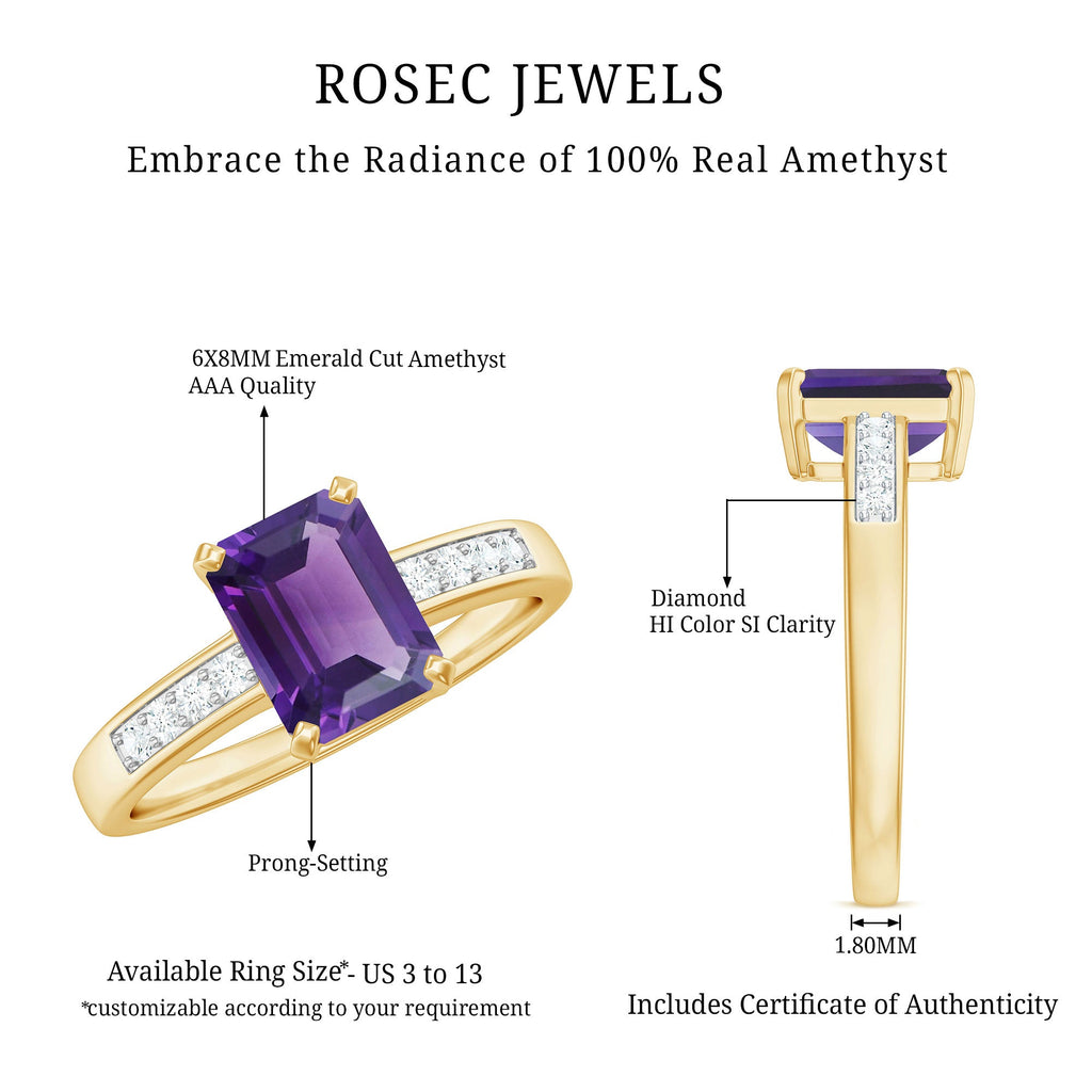 Octagon Cut Amethyst Solitaire Engagement Ring with Diamond Side Stones