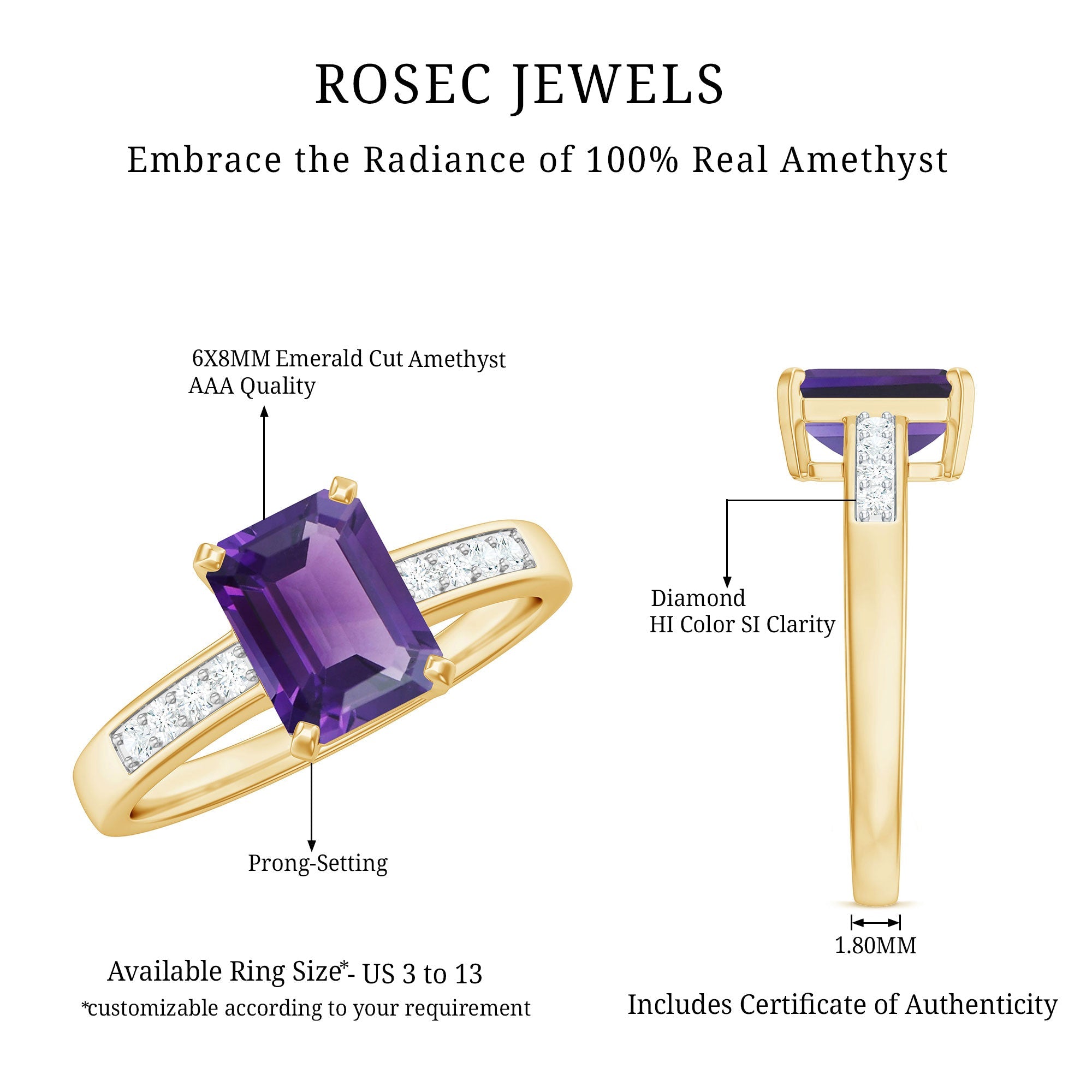 Octagon Cut Amethyst Solitaire Engagement Ring with Diamond Side Stones