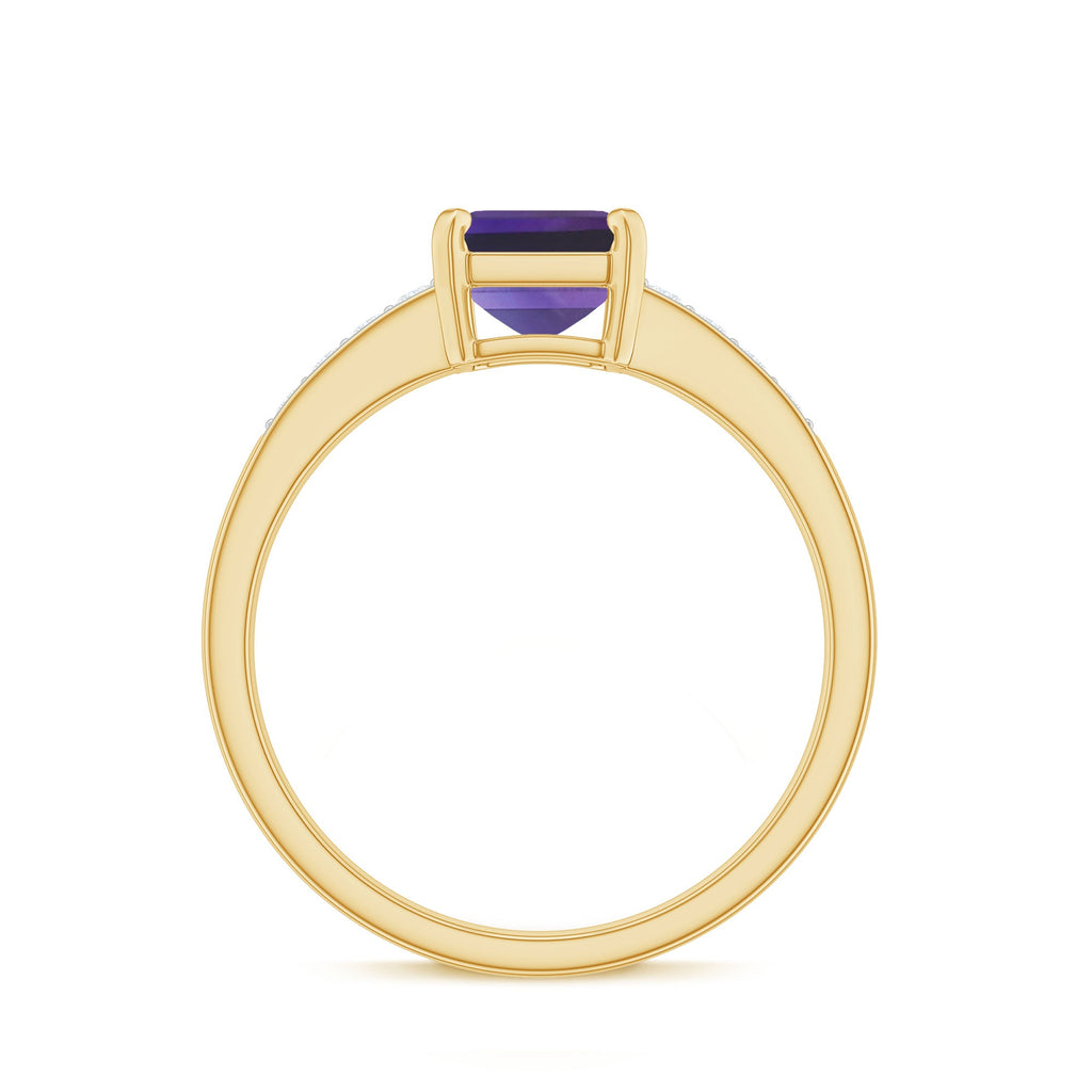Octagon Cut Amethyst Solitaire Engagement Ring with Diamond Side Stones