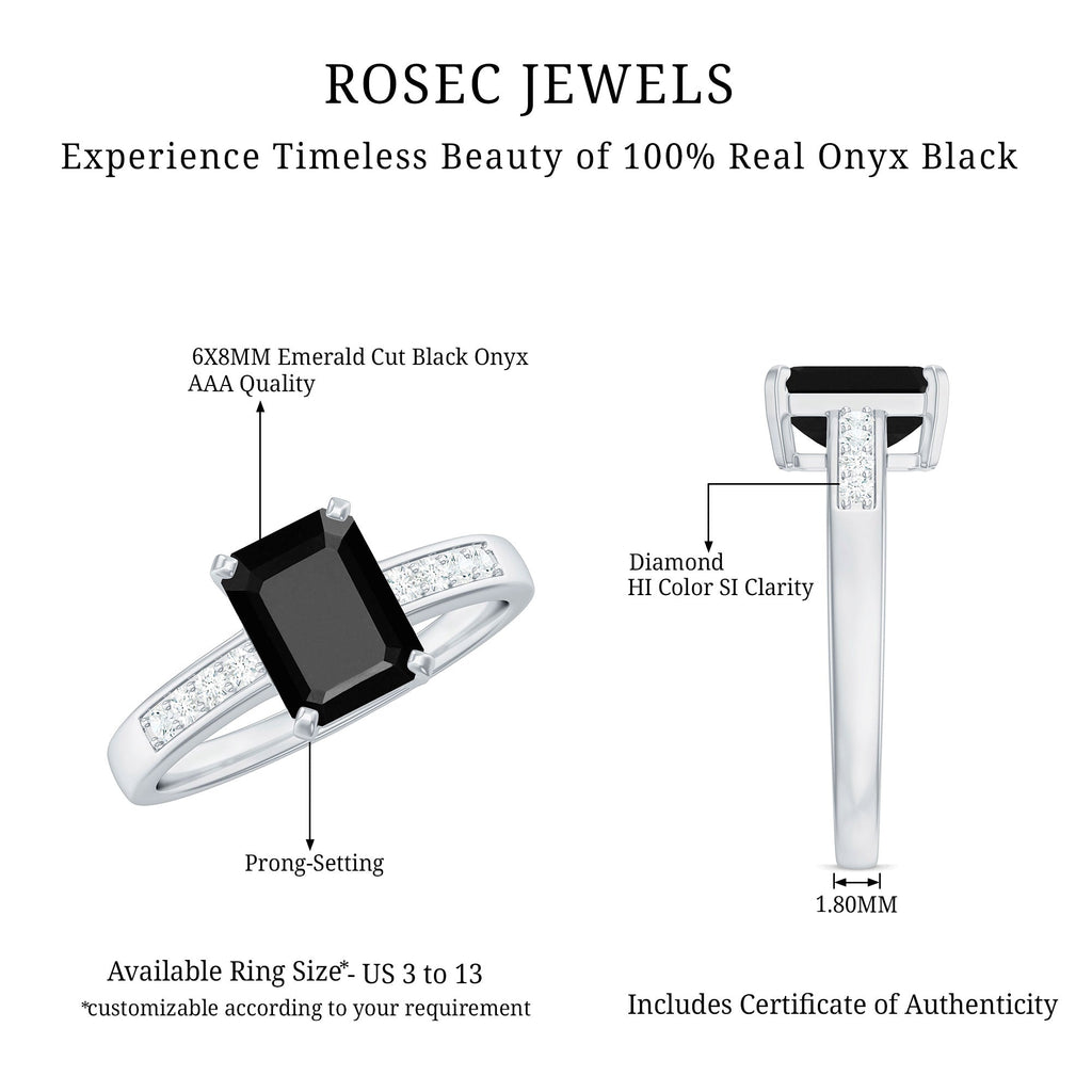 6X8mm Emerald Cut Black Onyx Engagement Ring with Diamond