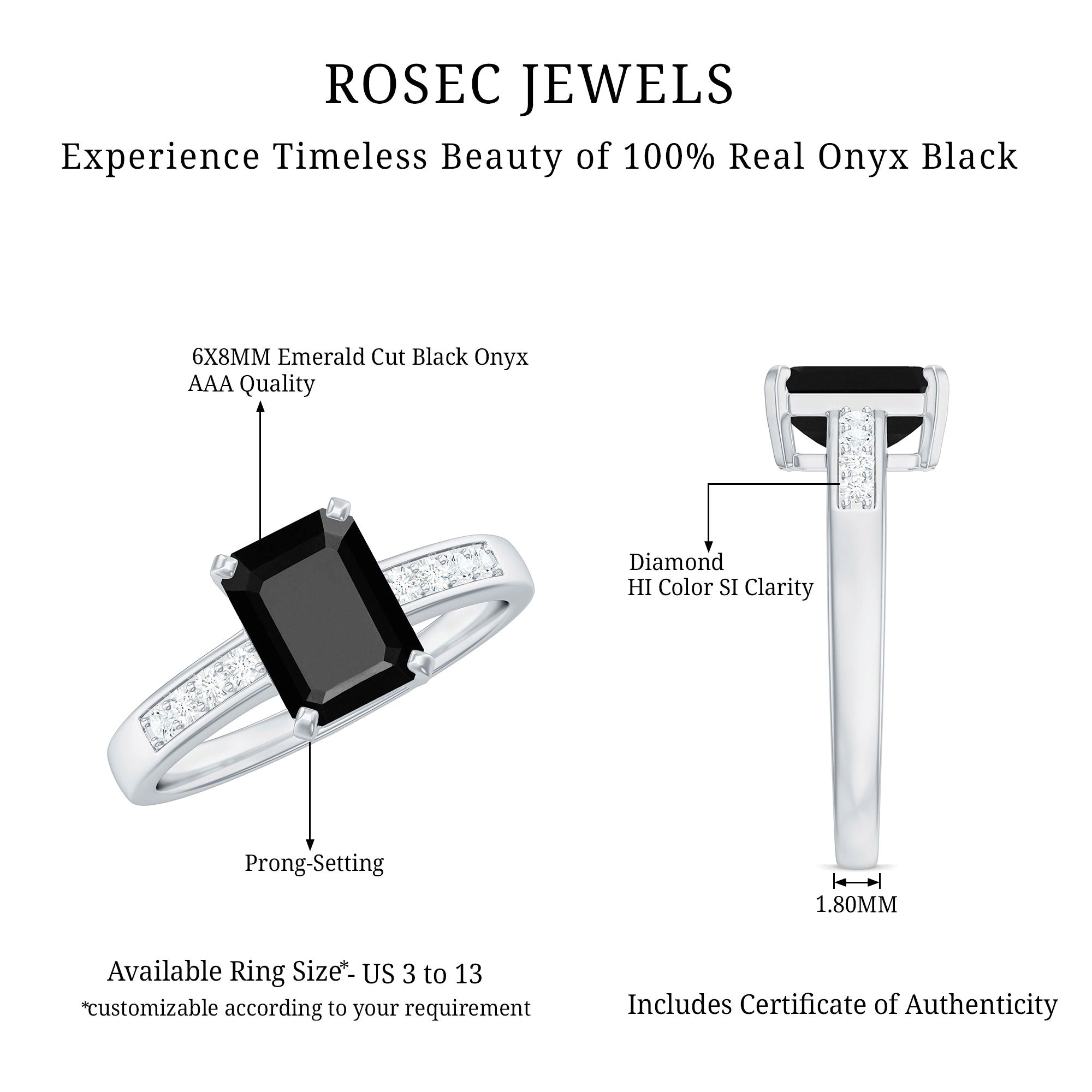 6X8mm Emerald Cut Black Onyx Engagement Ring with Diamond