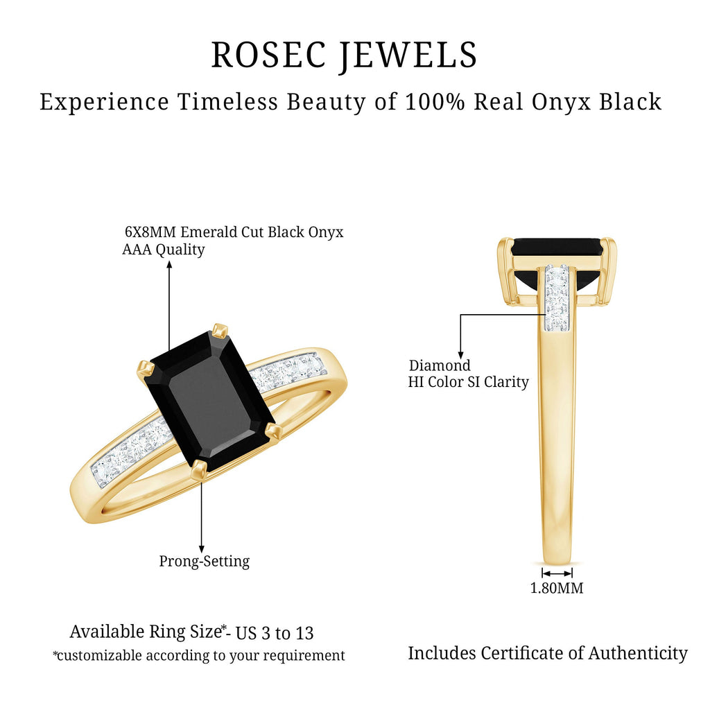 6X8mm Emerald Cut Black Onyx Engagement Ring with Diamond