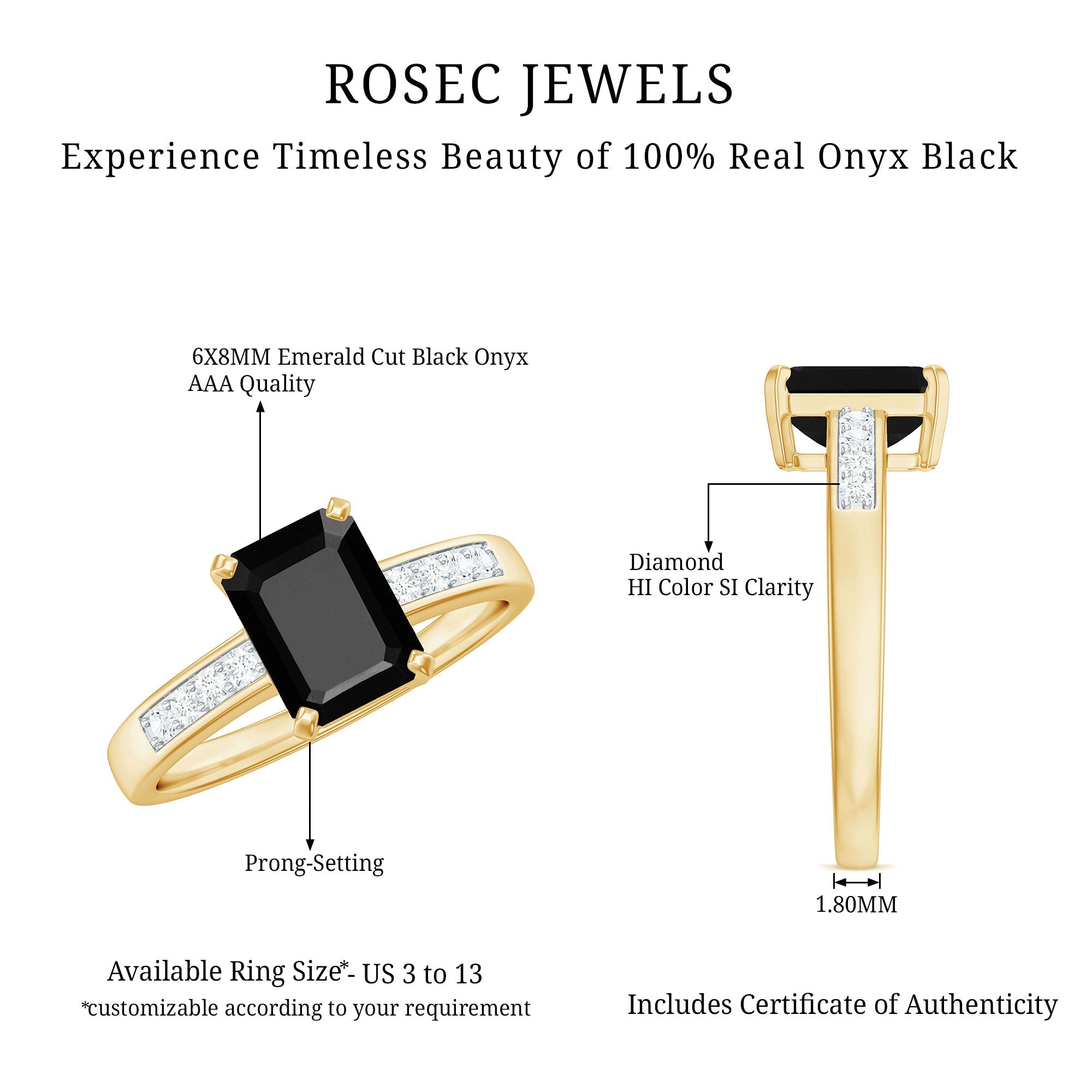 6X8mm Emerald Cut Black Onyx Engagement Ring with Diamond