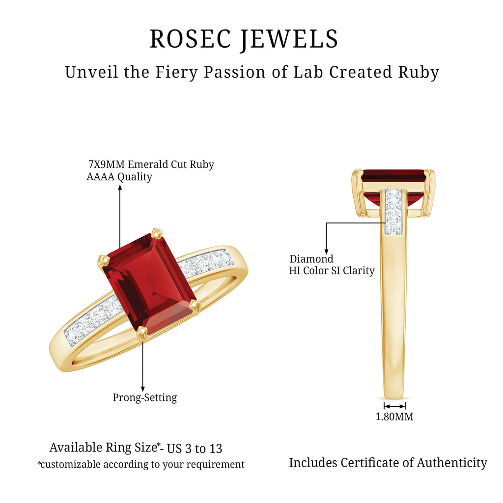 Lab Grown Ruby Emerald Cut Engagement Ring with Real Diamond