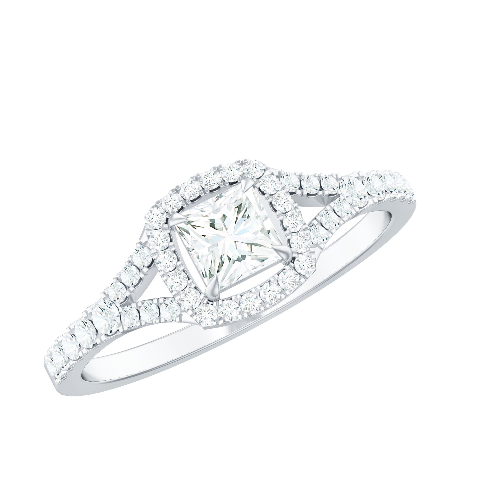 Princess Cut Moissanite Halo Engagement Ring with Split Shank