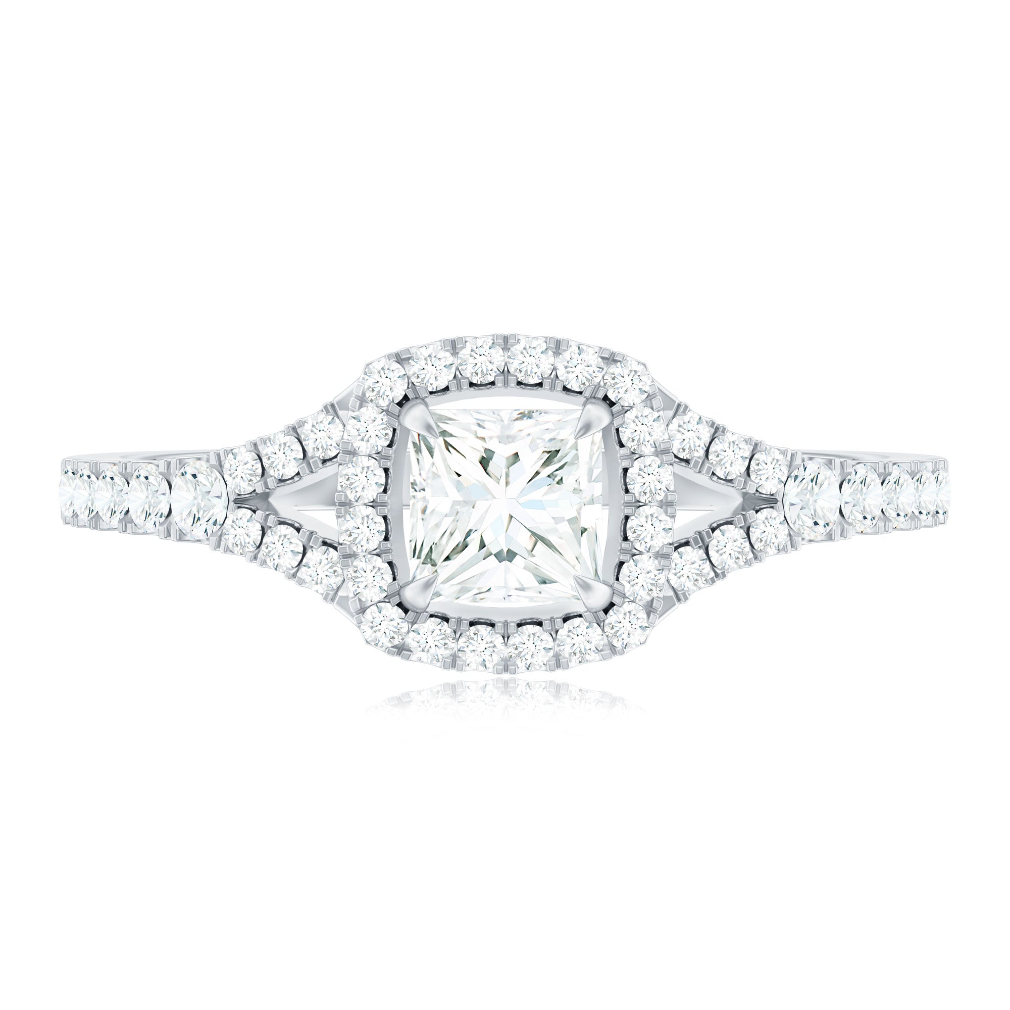 Princess Cut Moissanite Halo Engagement Ring with Split Shank