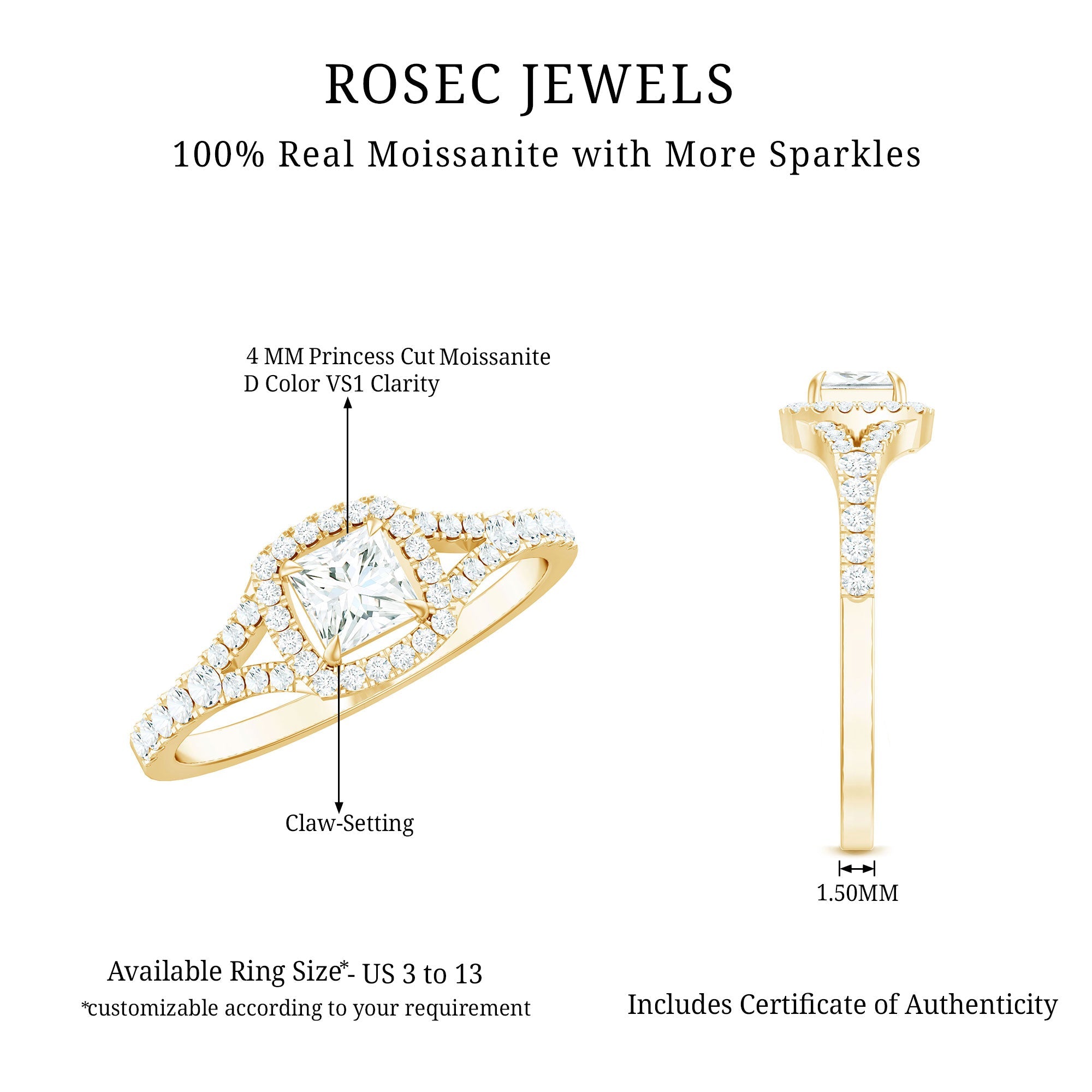 Princess Cut Moissanite Halo Engagement Ring with Split Shank