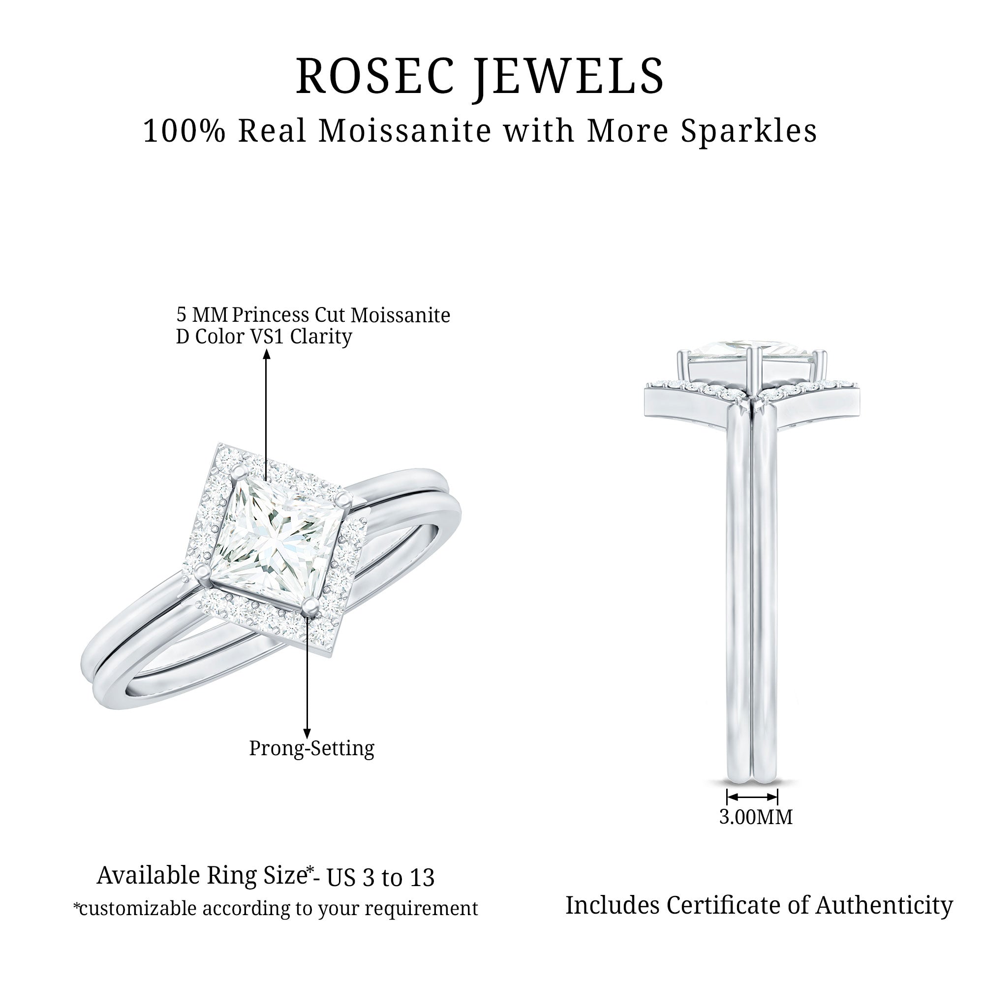 Certified Moissanite Princess Cut Wedding Ring Set for Women