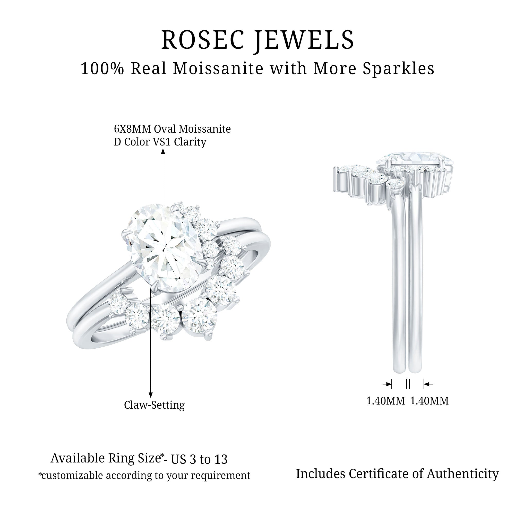 2 CT Oval Cut Moissanite Halo Wedding Ring Set With Certificate