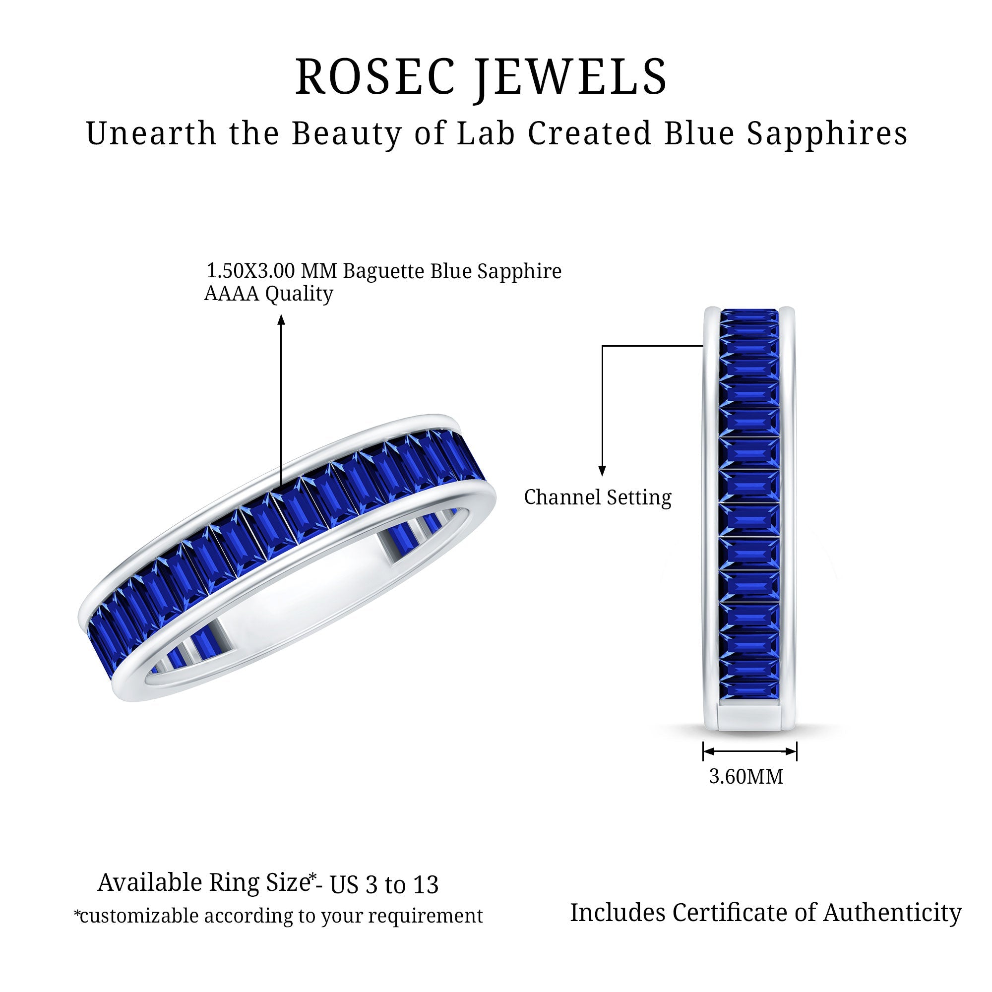 Certified Lab Grown Blue Sapphire Baguette Eternity Band Ring for Women