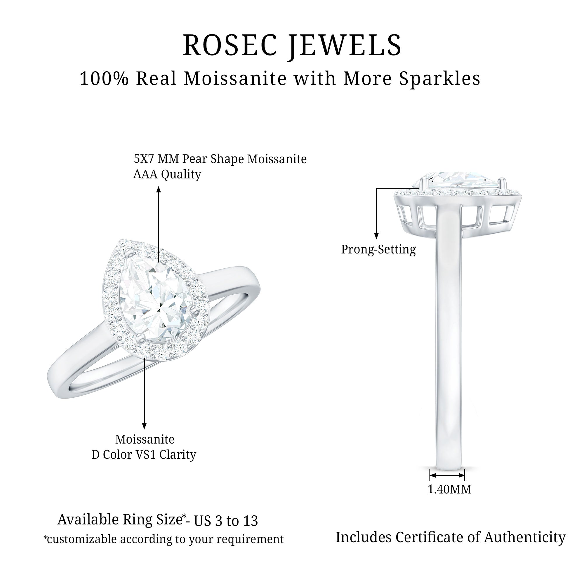 1 CT Brilliant Cut Moissanite Teardrop Engagement Ring