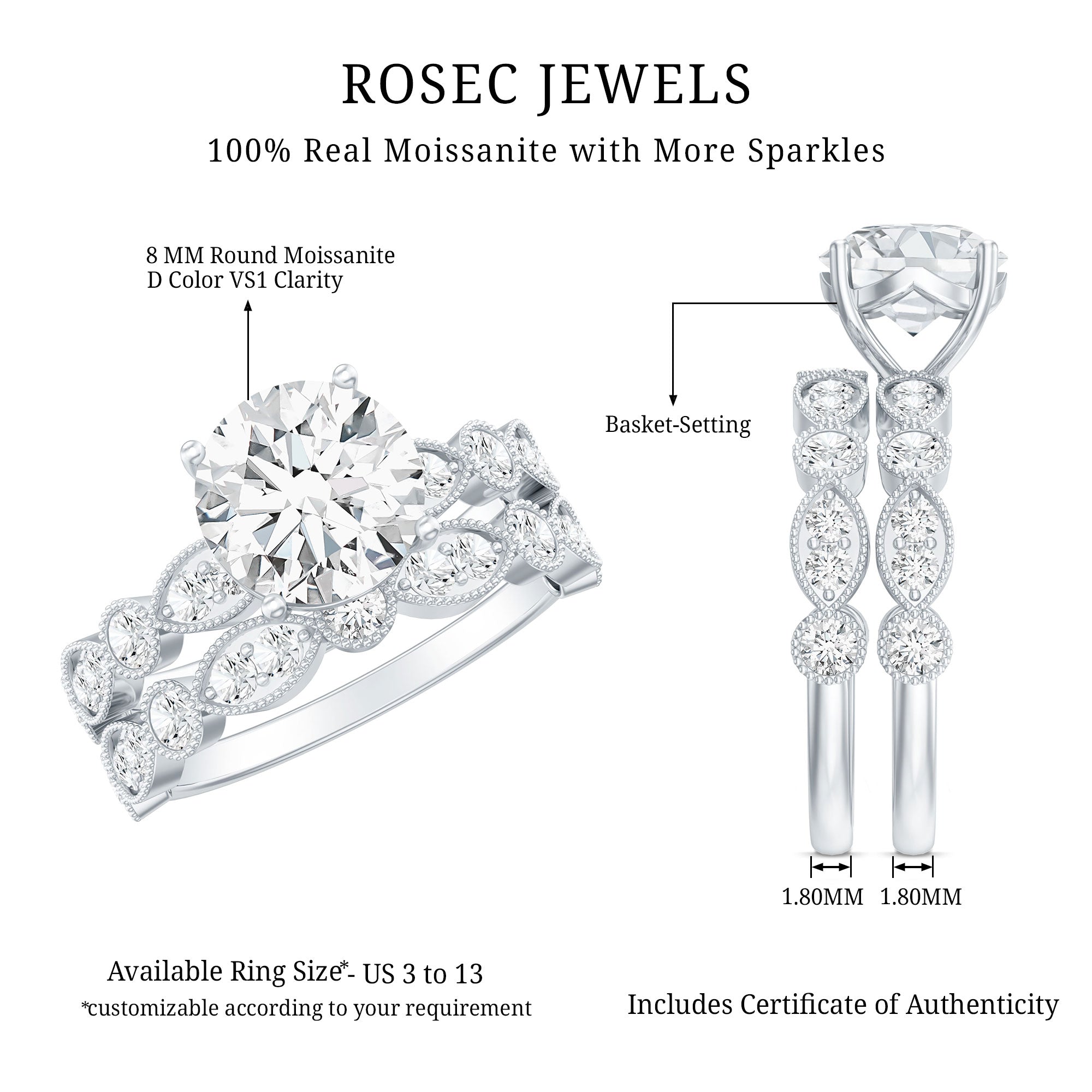 2.50 CT Brilliant Cut Moissanite Bridal Ring Set