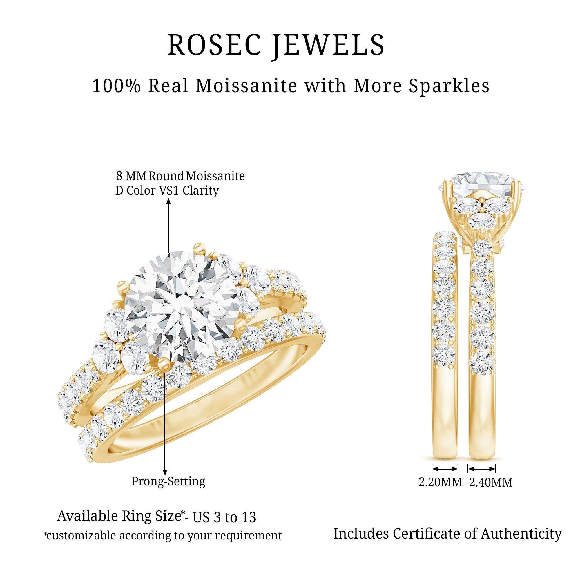 Certified Moissanite 8MM Engagement Ring with Stackable Band