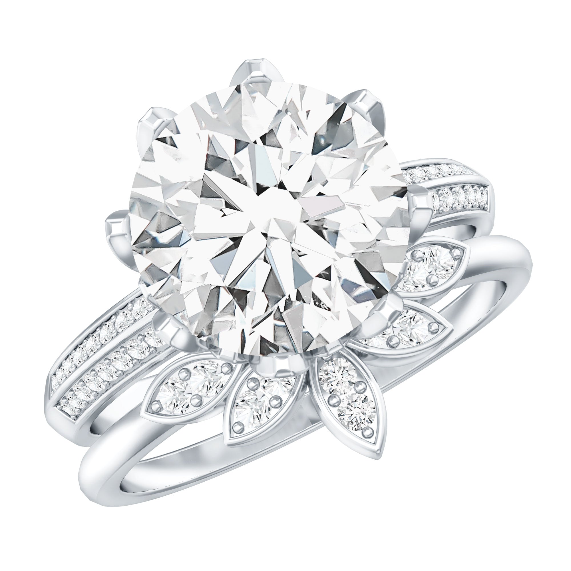 10MM Round Moissanite Flower Engagement Ring With Enhancer