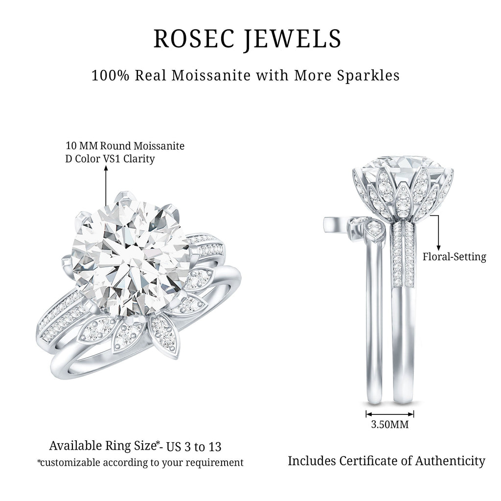 10MM Round Moissanite Flower Engagement Ring With Enhancer