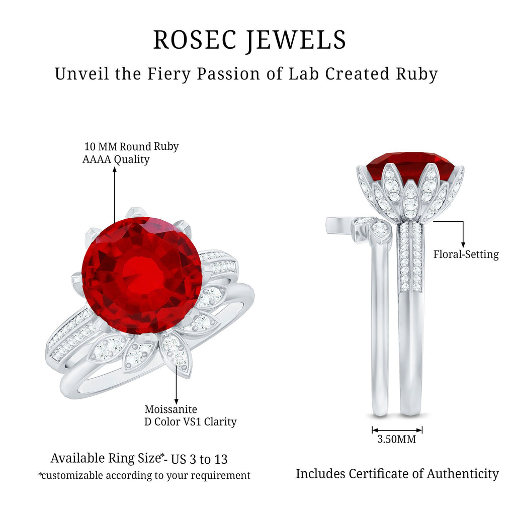 Lab Grown Ruby Flower Bridal Engagement Ring Set with Moissanite