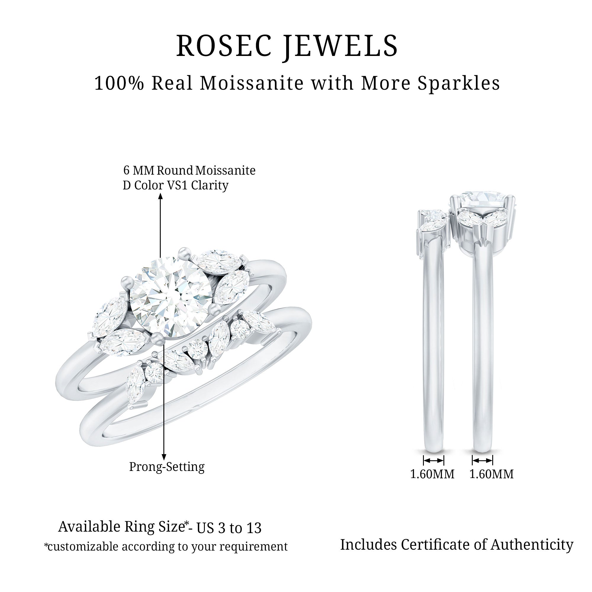 Round Cut Moissanite Bridal Ring Set with Certificate