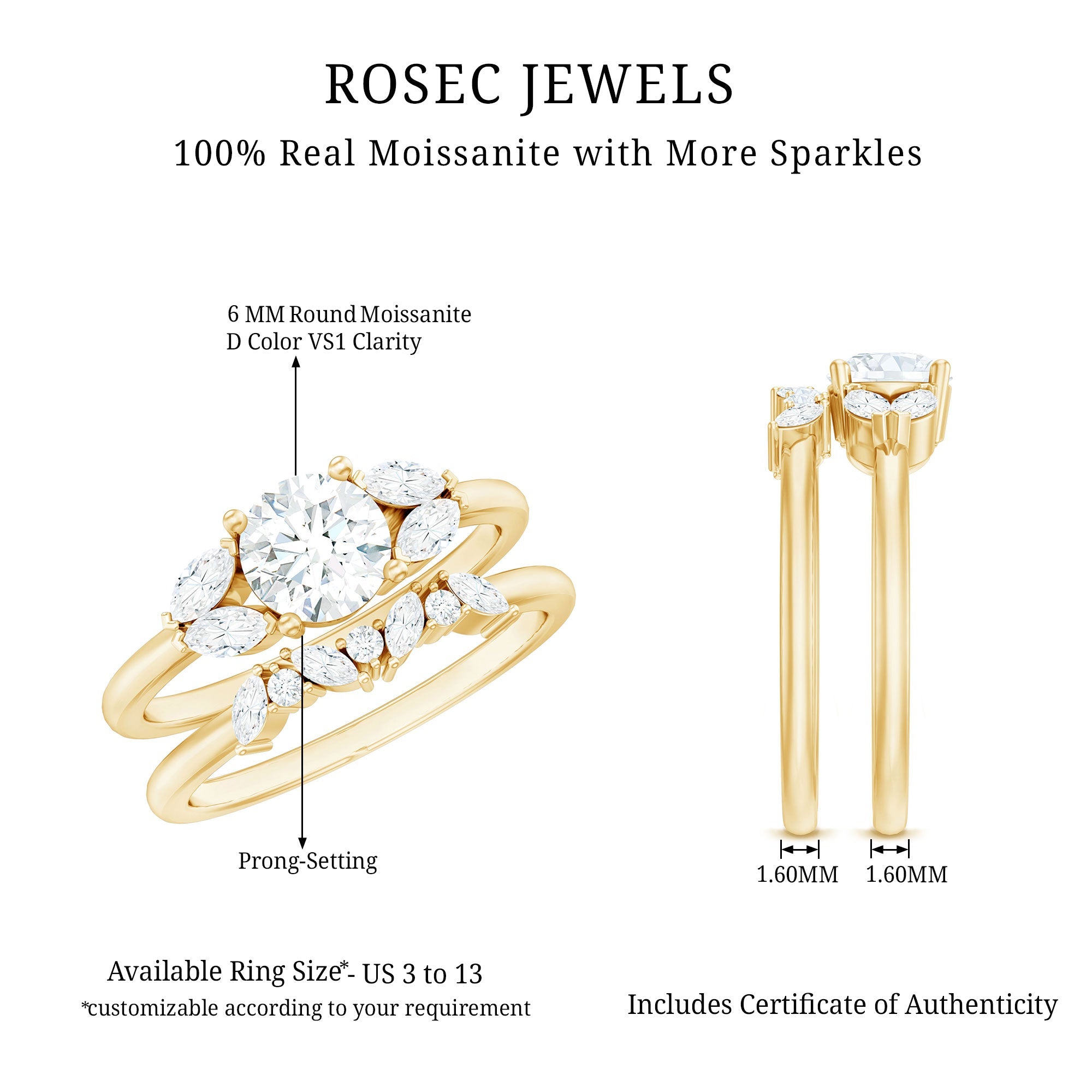 Round Cut Moissanite Bridal Ring Set with Certificate
