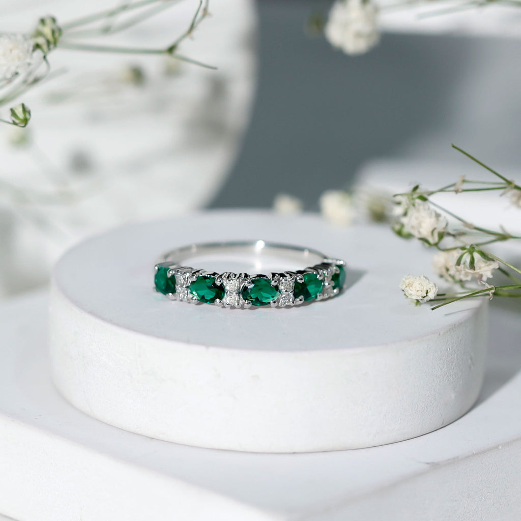 Oval Created Emerald East West Half Eternity Ring with Diamond