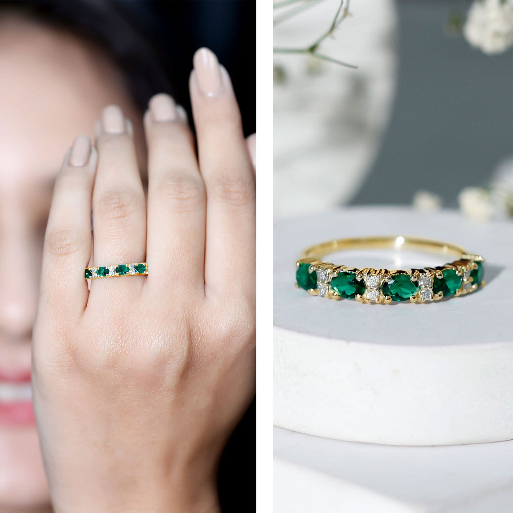 Oval Created Emerald East West Half Eternity Ring with Diamond