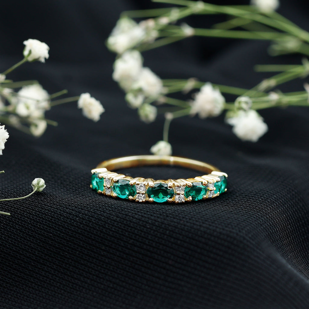 Oval Created Emerald East West Half Eternity Ring with Diamond