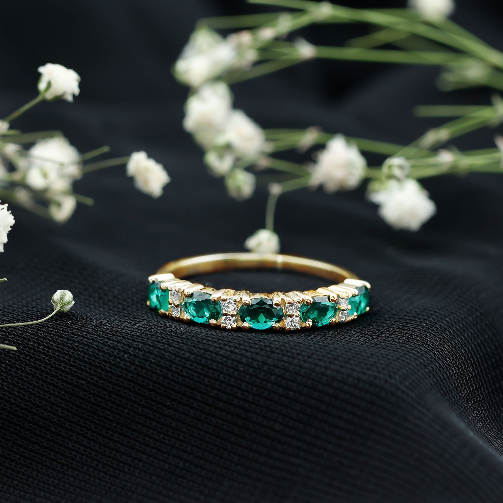Oval Created Emerald East West Half Eternity Ring with Diamond