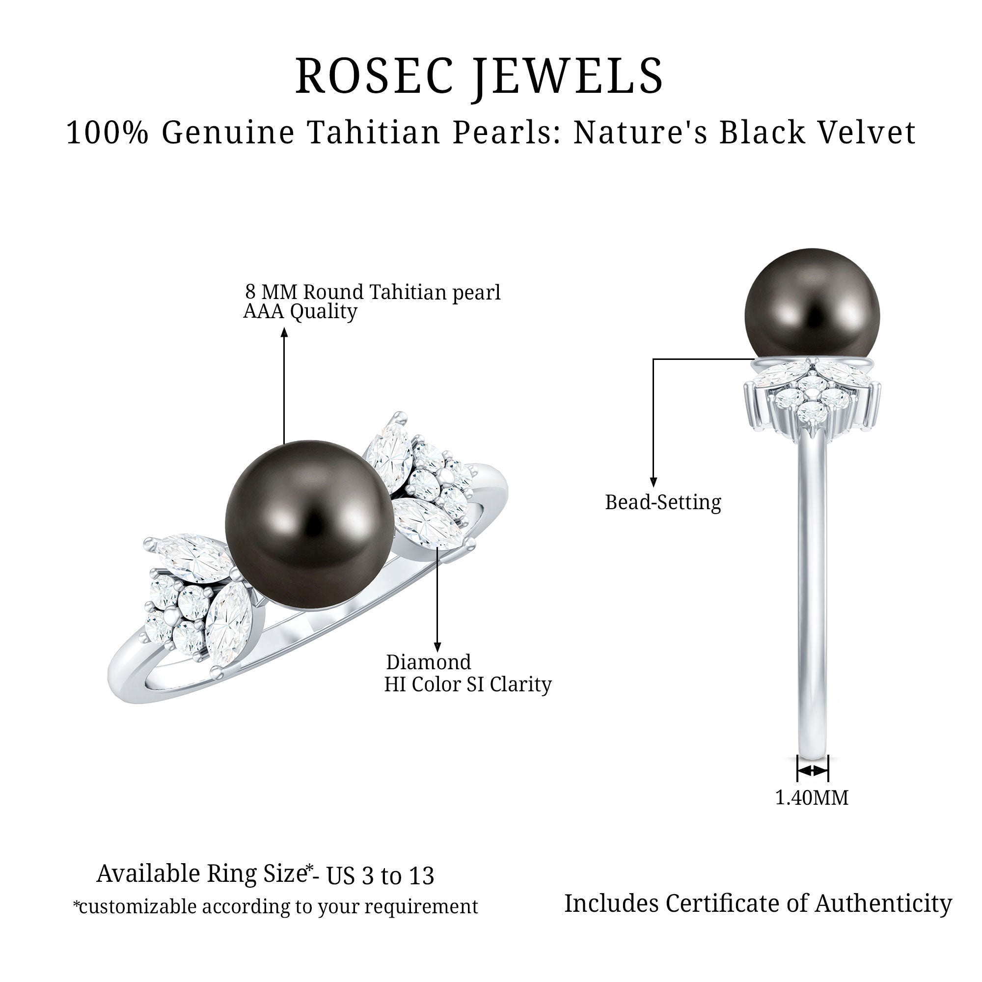Nature Inspired Tahitian Pearl Engagement Ring with Diamond Accent