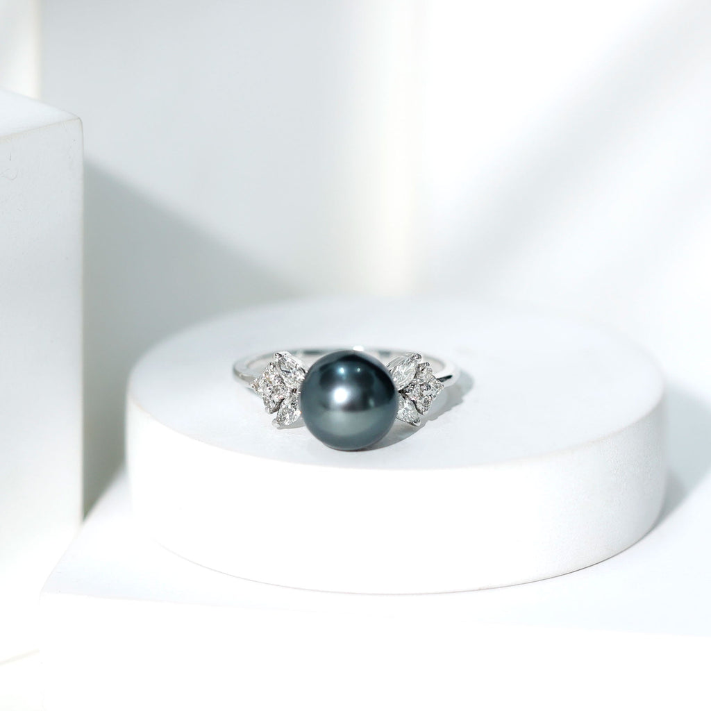 Nature Inspired Tahitian Pearl Engagement Ring with Diamond Accent
