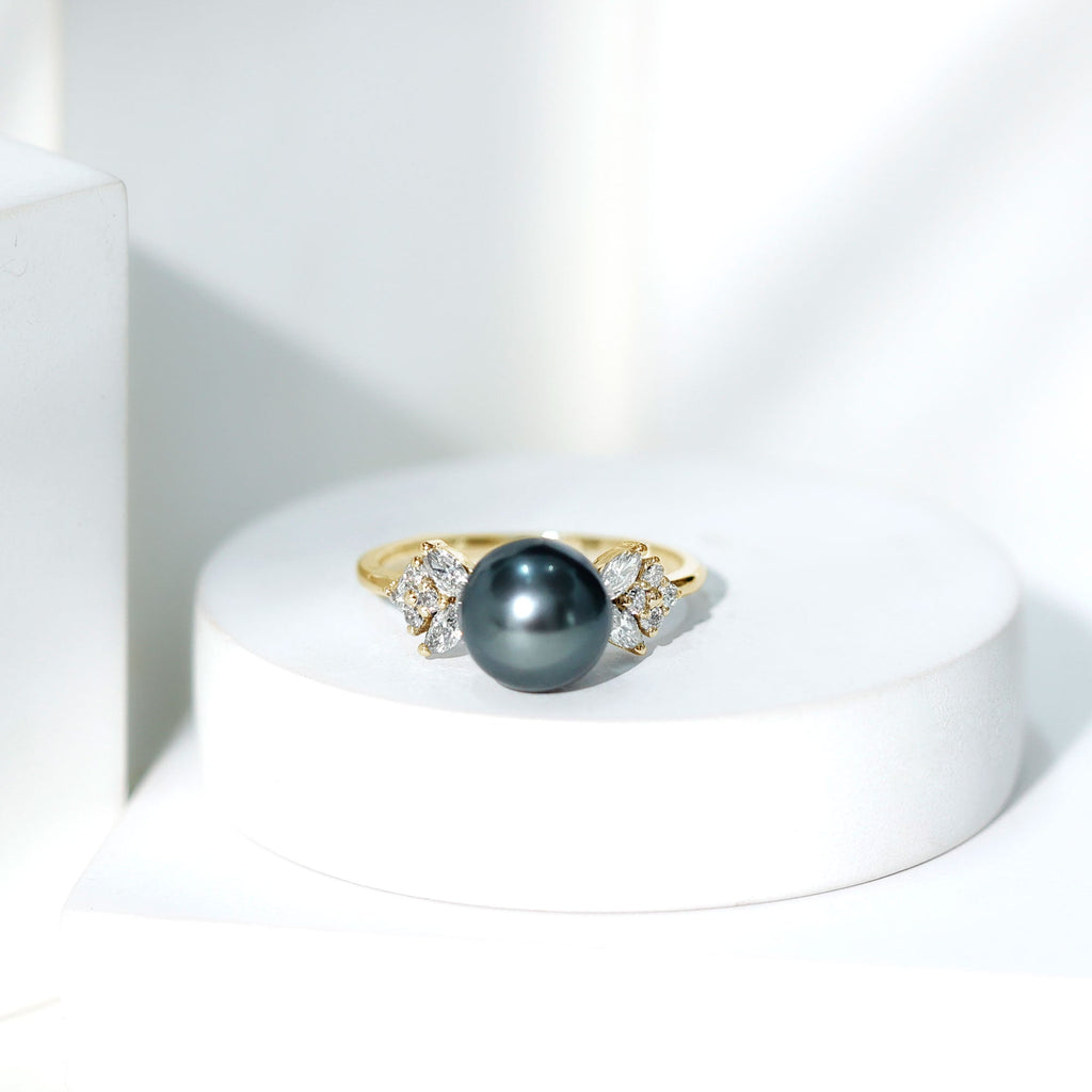 Nature Inspired Tahitian Pearl Engagement Ring with Diamond Accent