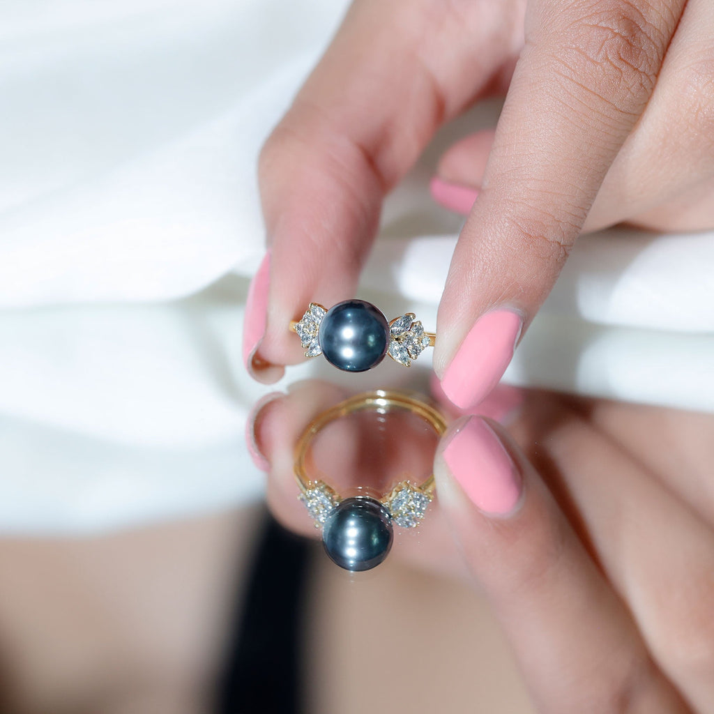 Nature Inspired Tahitian Pearl Engagement Ring with Diamond Accent