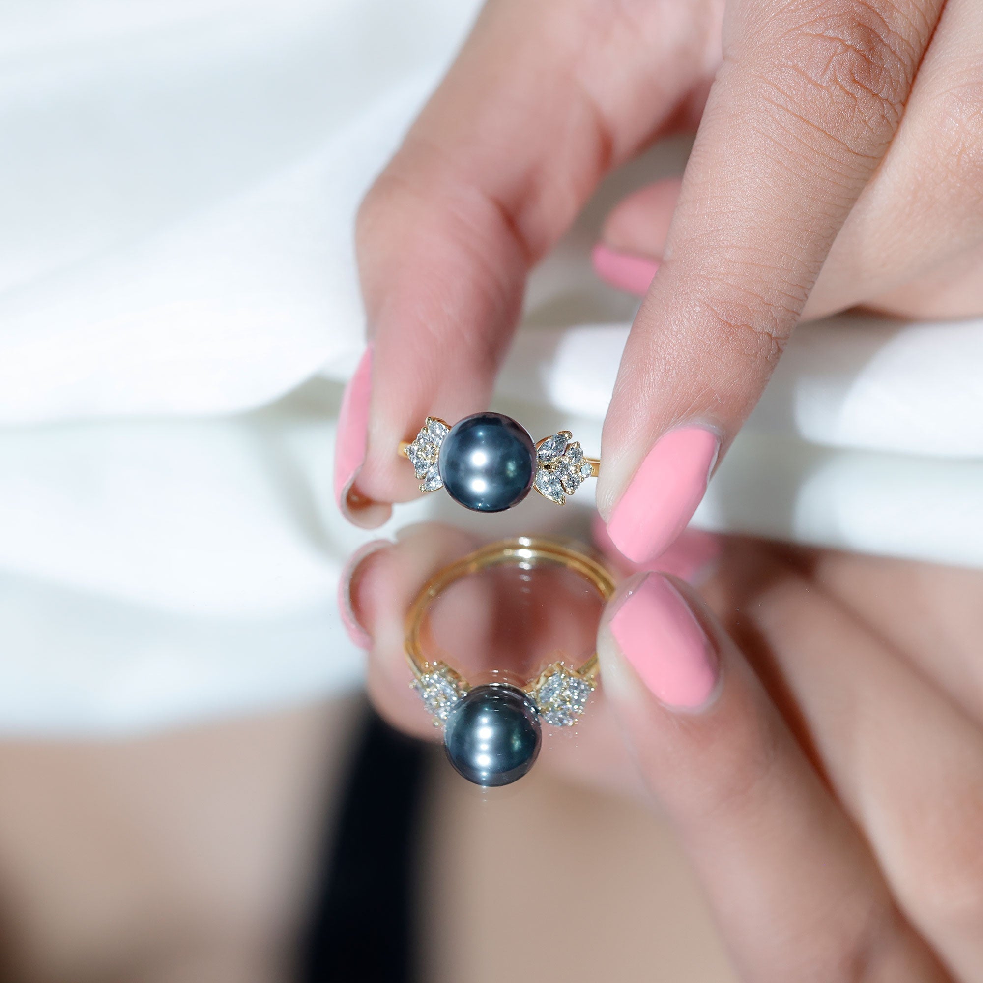 Nature Inspired Tahitian Pearl Engagement Ring with Diamond Accent