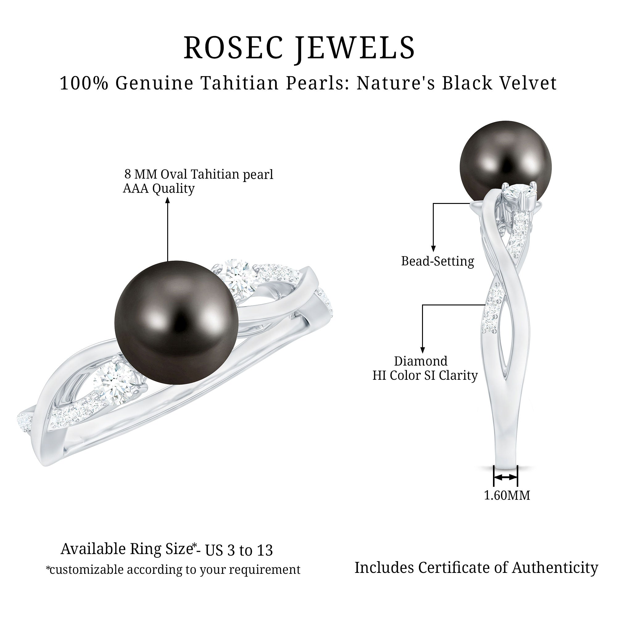 Tahitian Pearl and Diamond Crossover Engagement Ring