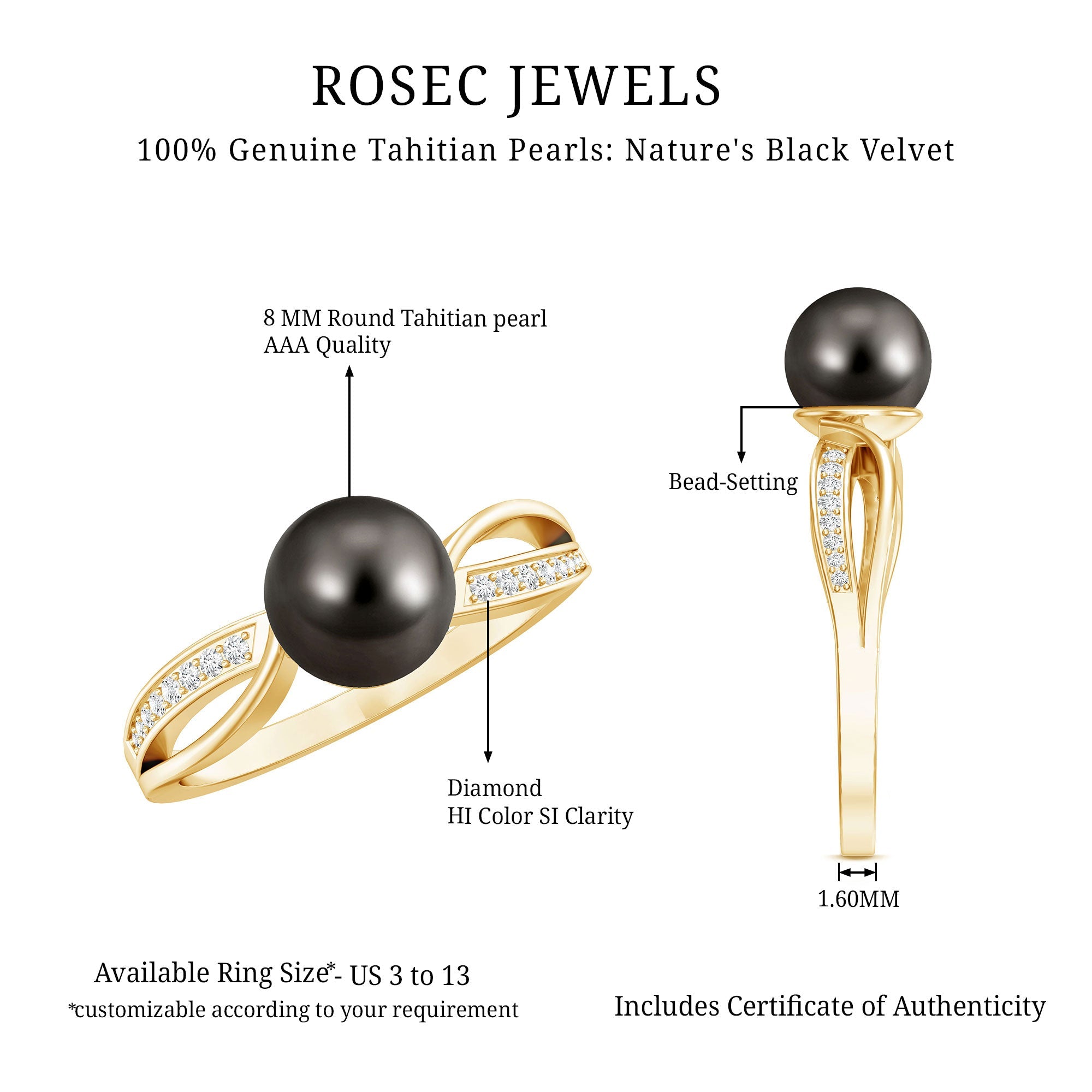 7.25 CT Solitaire Tahitian Pearl Engagement Ring with Diamond