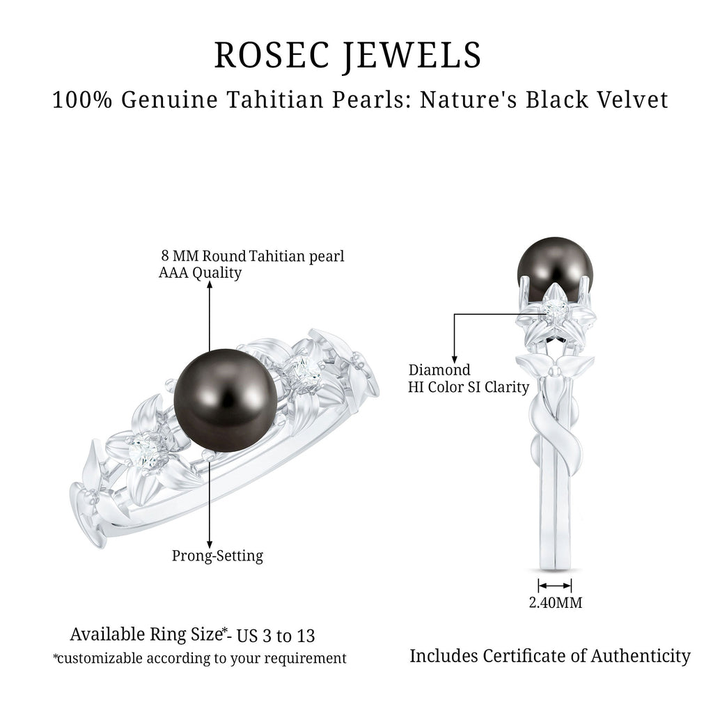 2.50 CT Black Tahitian Pearl Flower Engagement Ring with Diamond