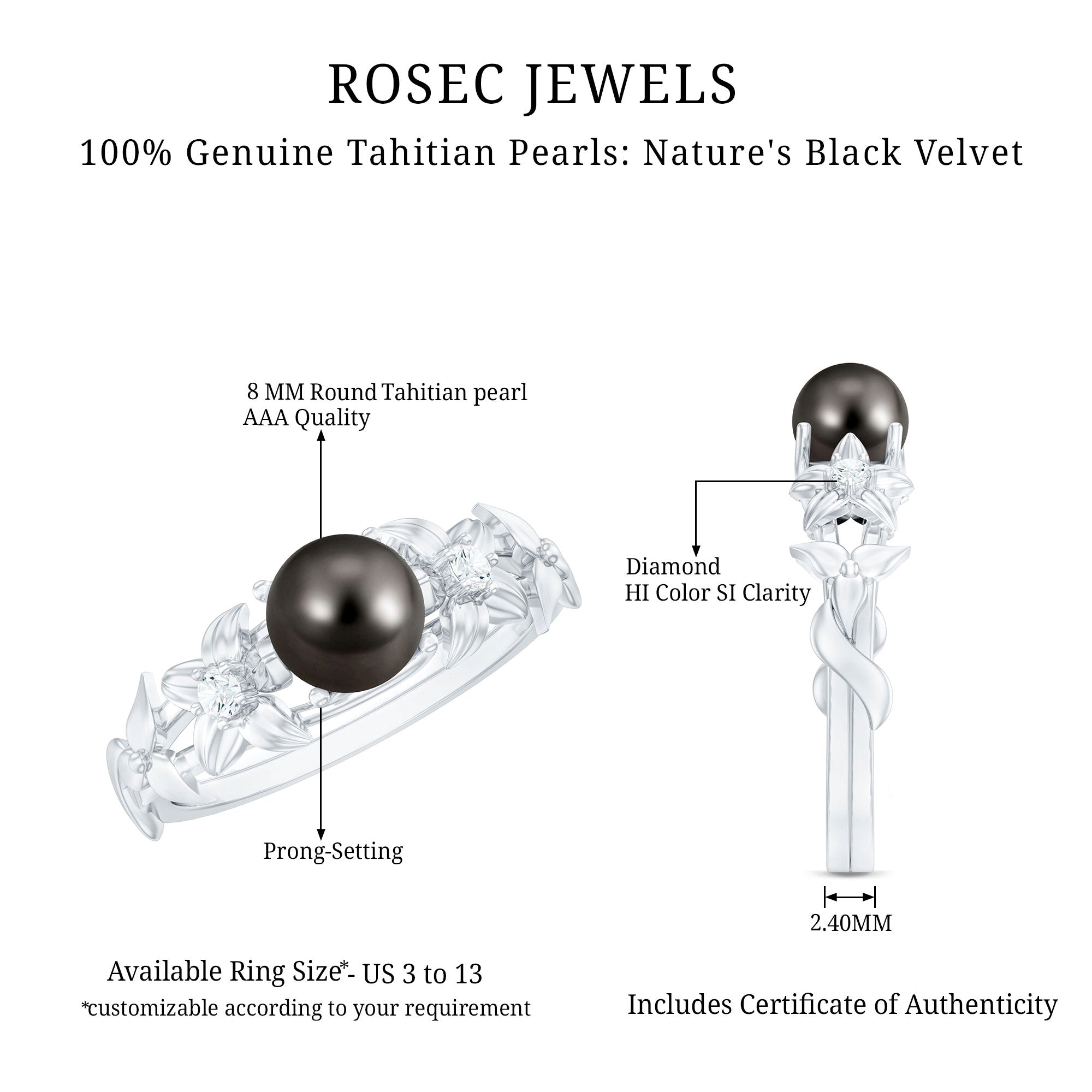 2.50 CT Black Tahitian Pearl Flower Engagement Ring with Diamond