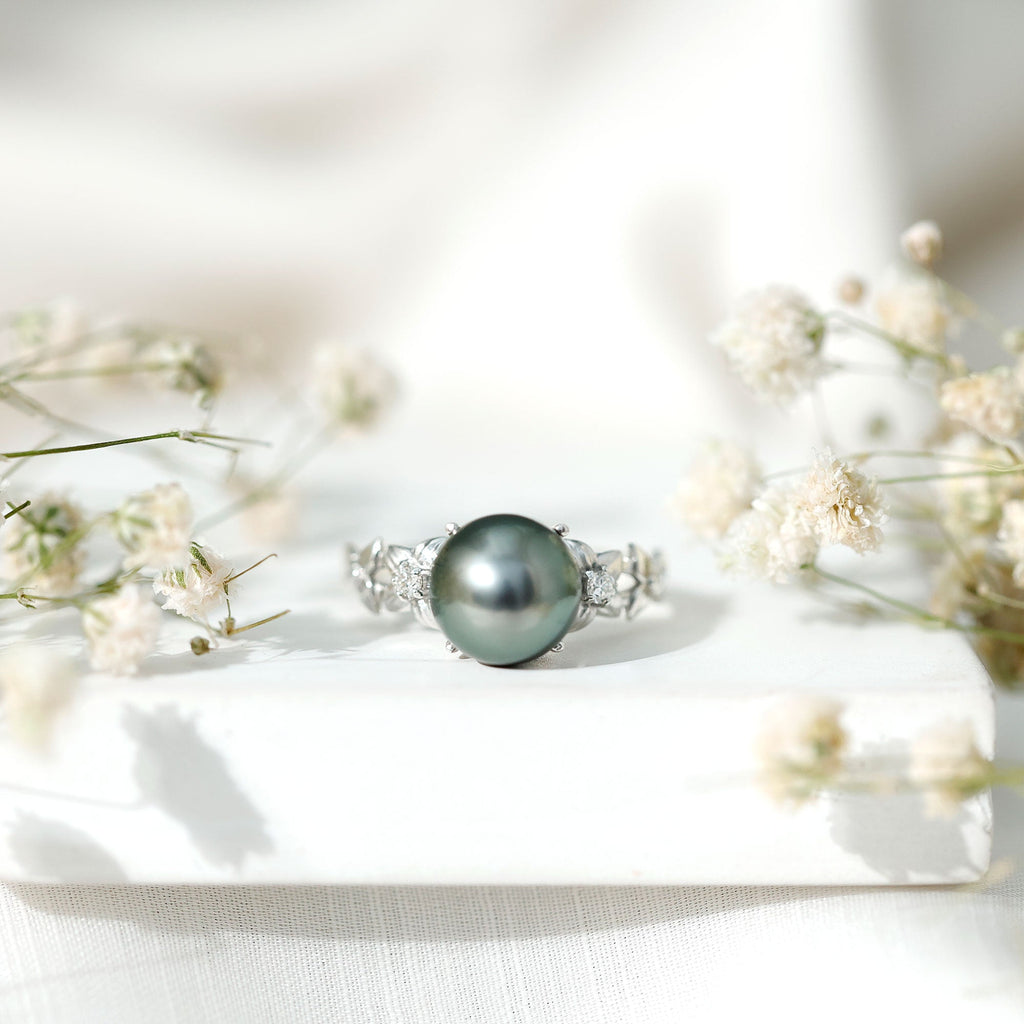 2.50 CT Black Tahitian Pearl Flower Engagement Ring with Diamond