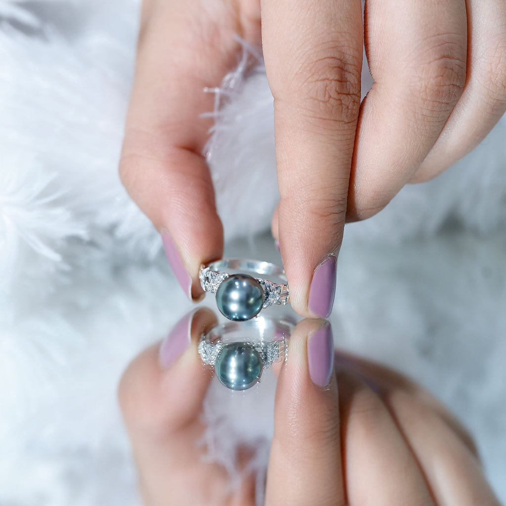2.50 CT Black Tahitian Pearl Flower Engagement Ring with Diamond