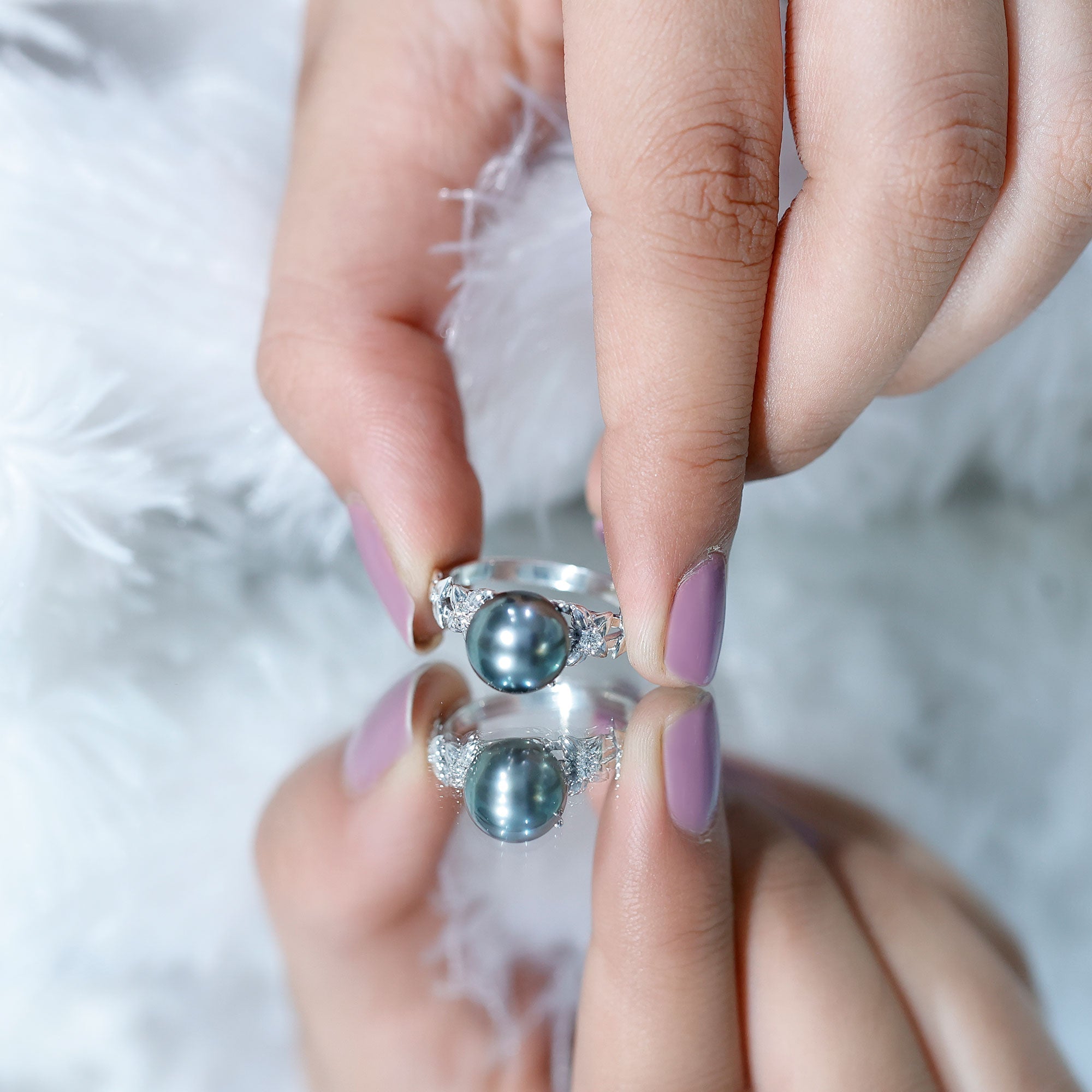 2.50 CT Black Tahitian Pearl Flower Engagement Ring with Diamond